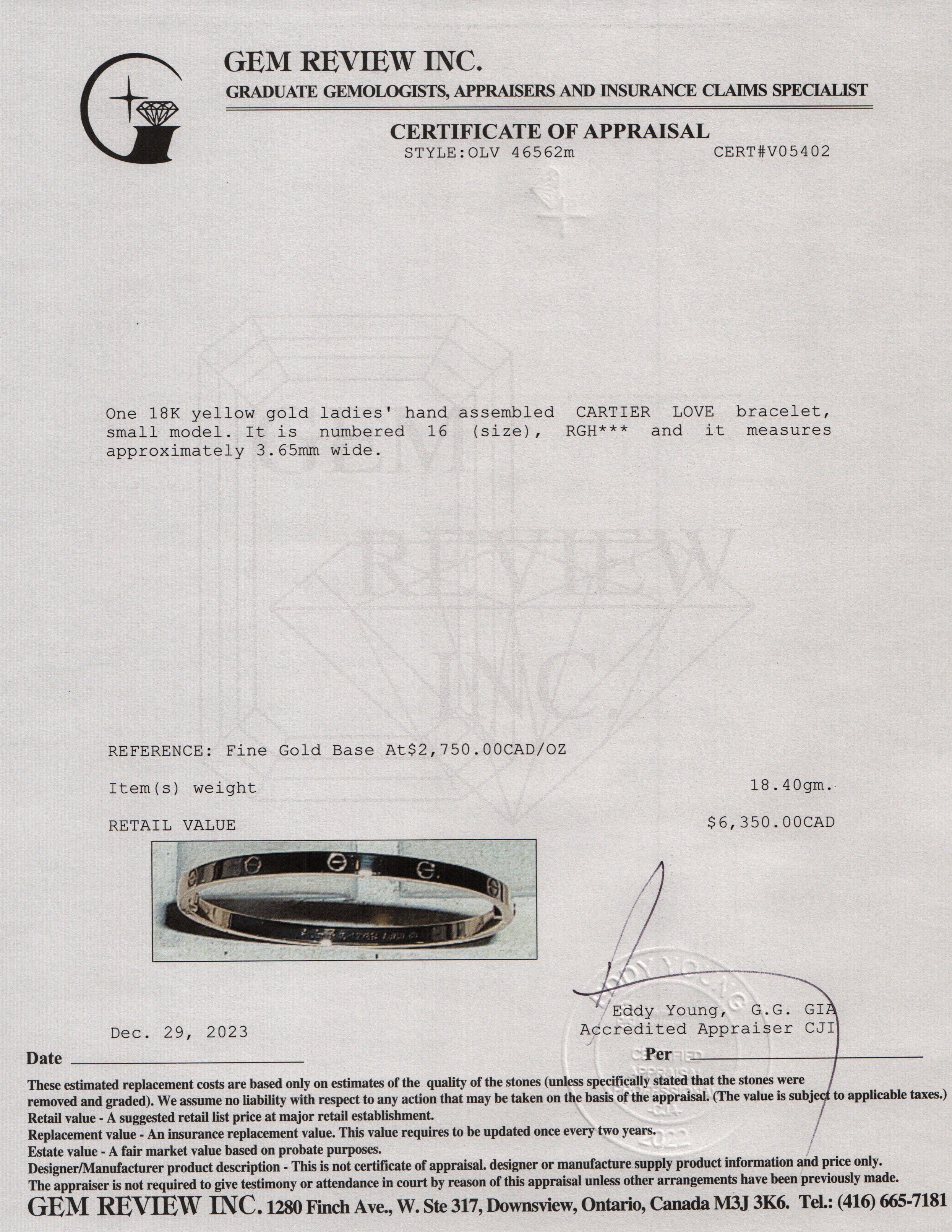 Cartier 18k Yellow Gold 3.65 MM Love Bracelet, Small Model, Size 16 w/ Box & Receipt