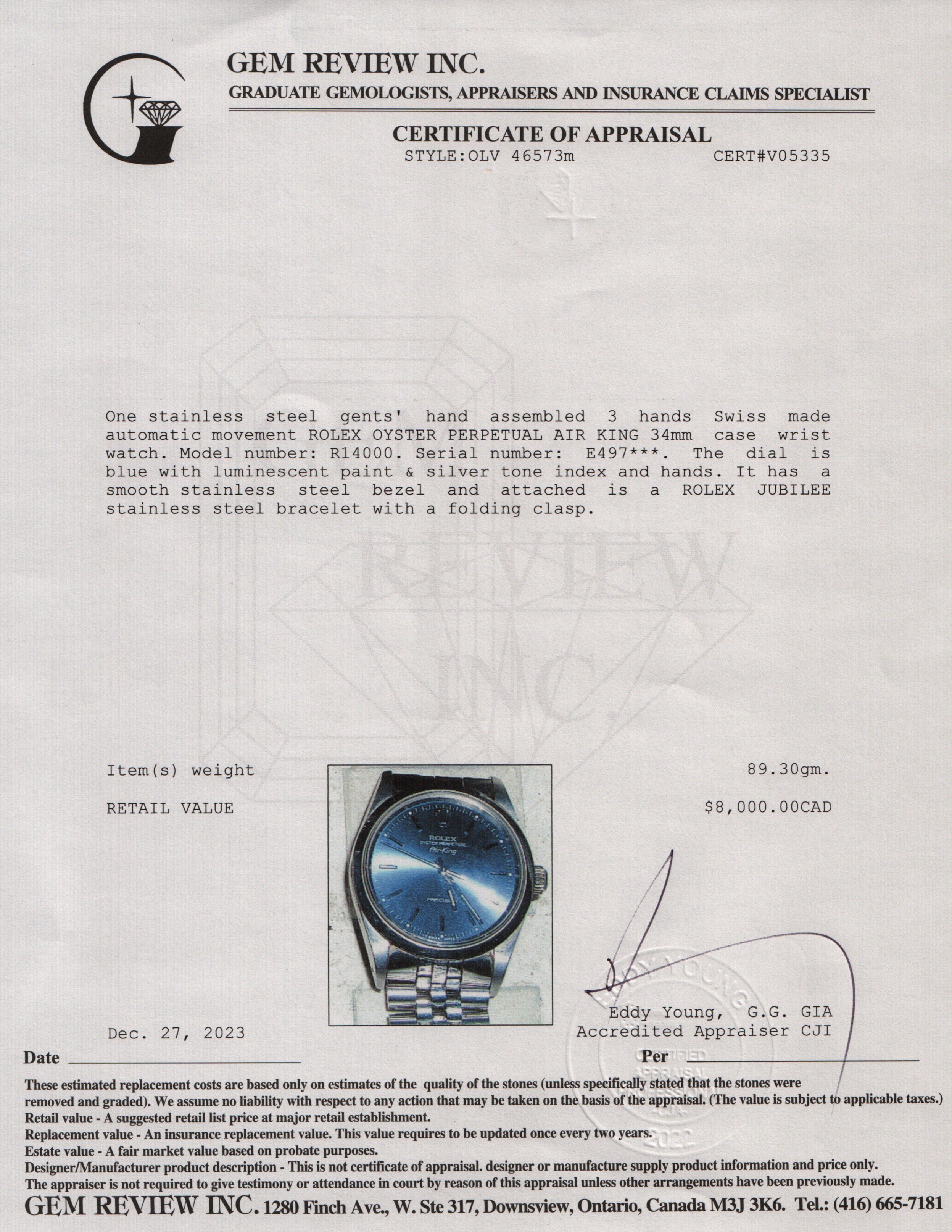 Rolex Stainless Steel Oyster Perpetual Air King 14000 34 MM Automatic Watch w/ Box & Papers