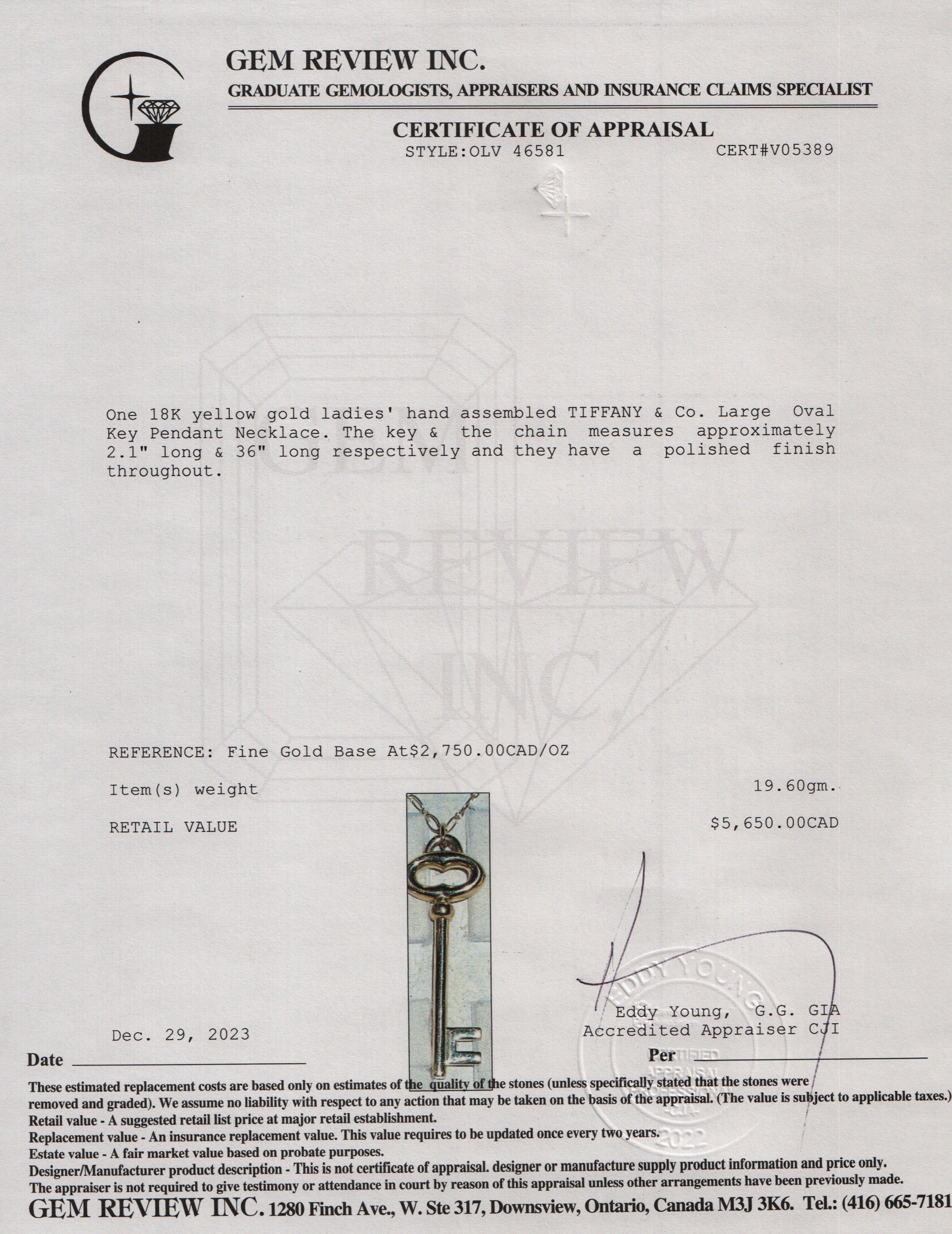 Tiffany & Co. Vintage 18k Yellow Gold Large Oval Key Pendant Necklace