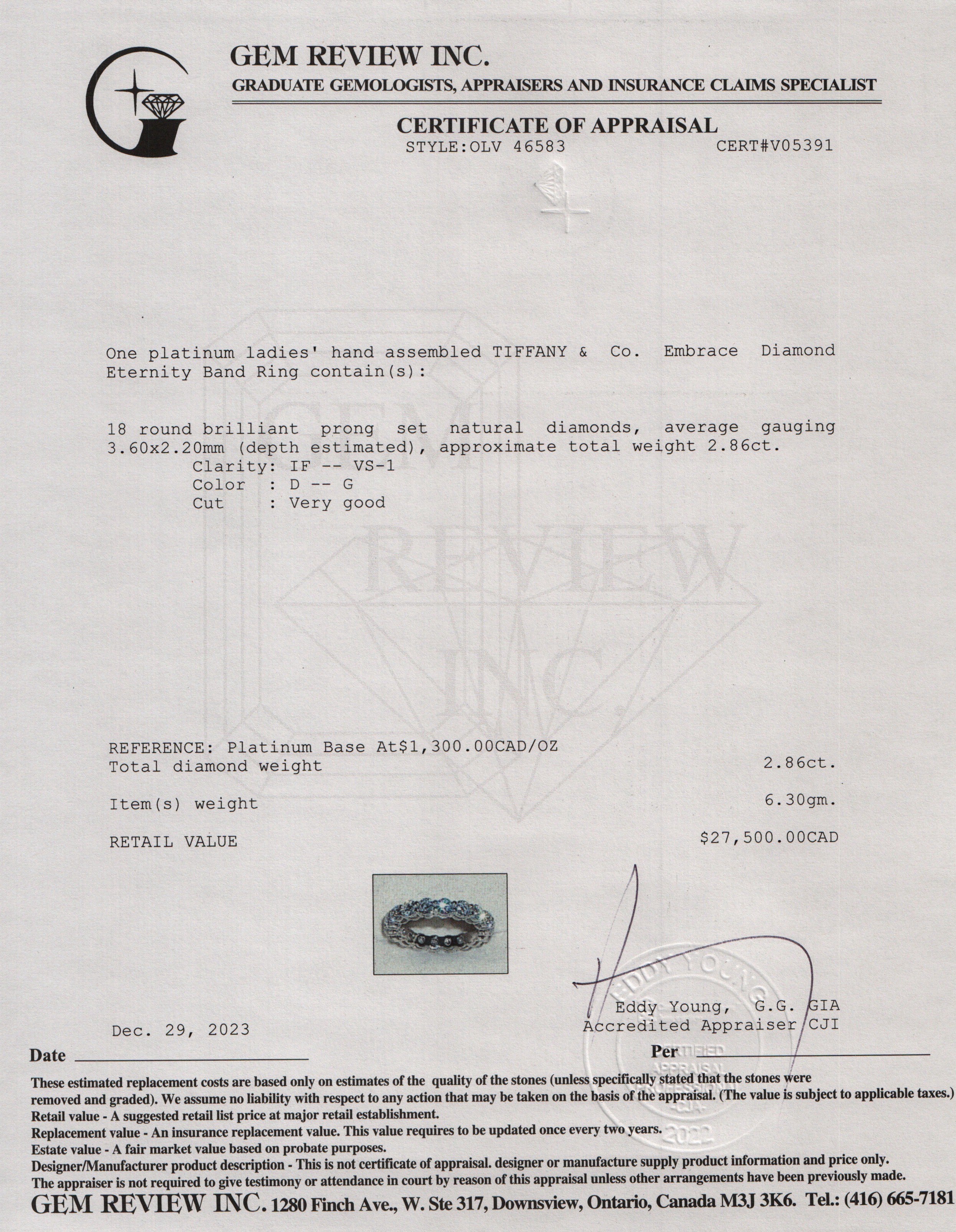 Tiffany & Co. Platinum Embrace Diamond Eternity Band Ring, Size 6 w/ Box & Papers