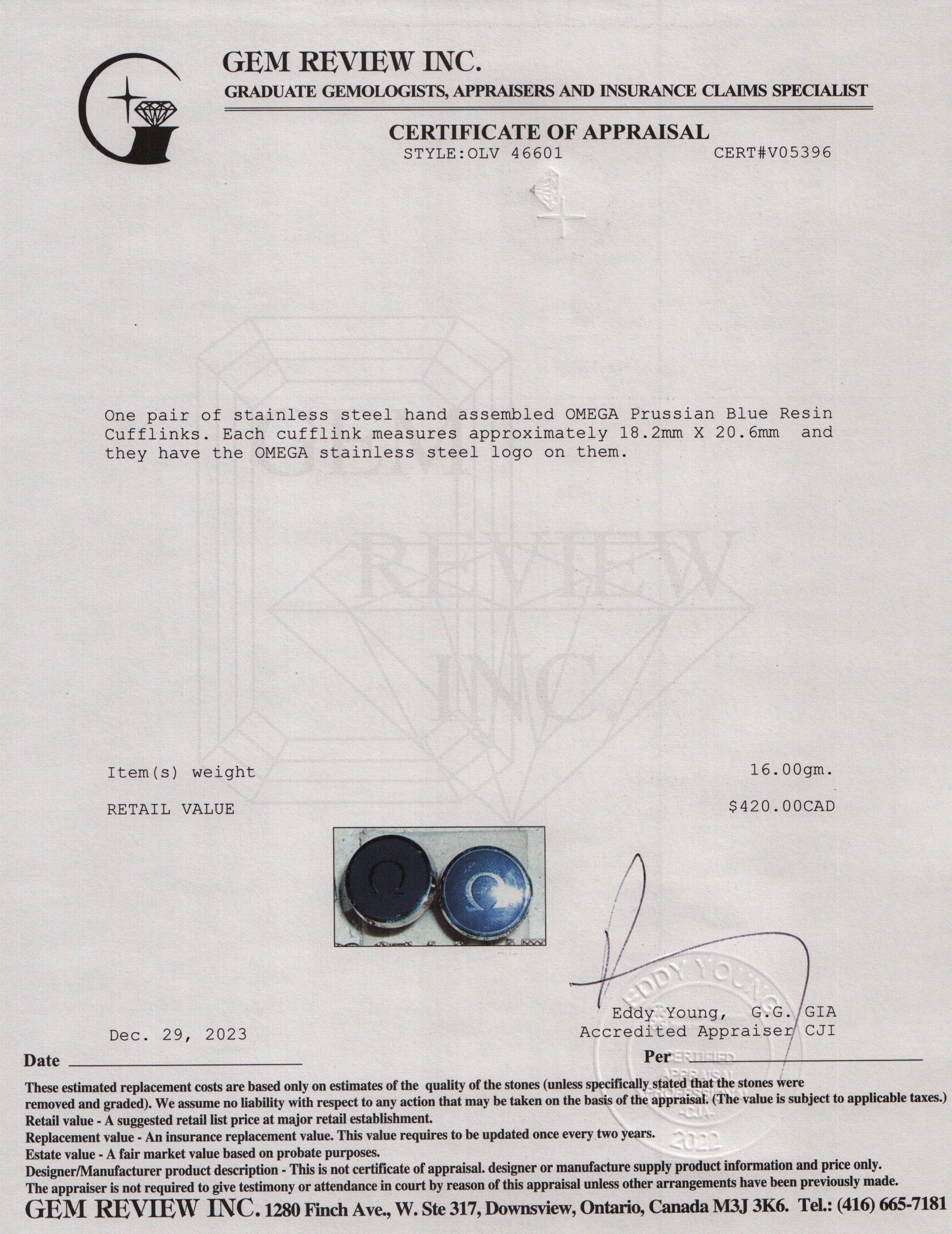 Omega Stainless Steel & Prussian Blue Resin Cufflinks w/ Box & Certificate