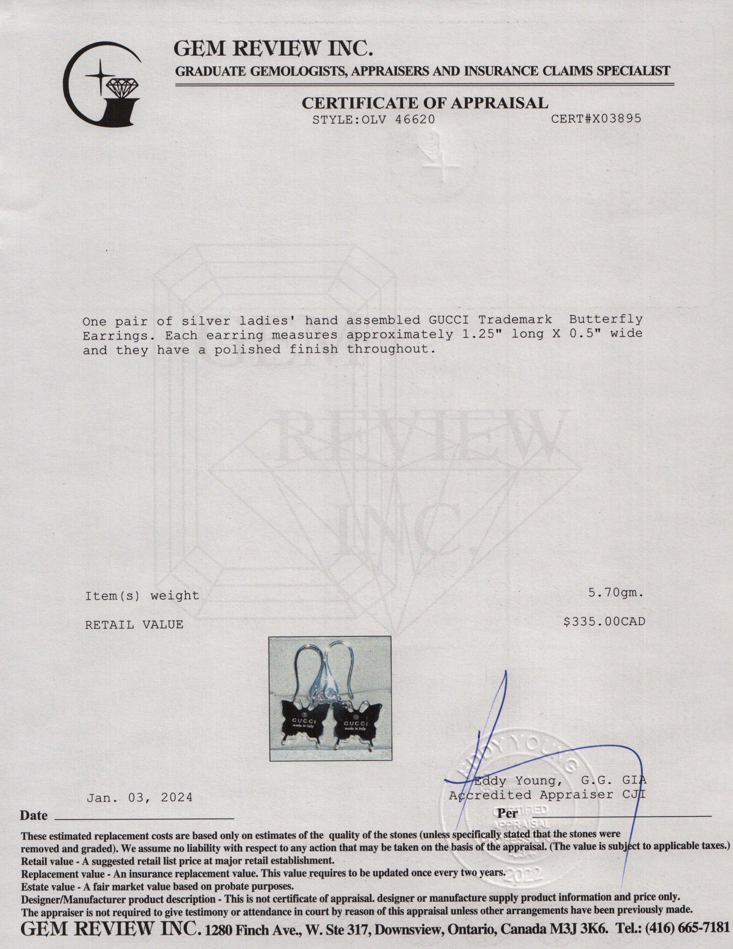 Gucci Sterling Silver Trademark Butterfly Drop Earrings