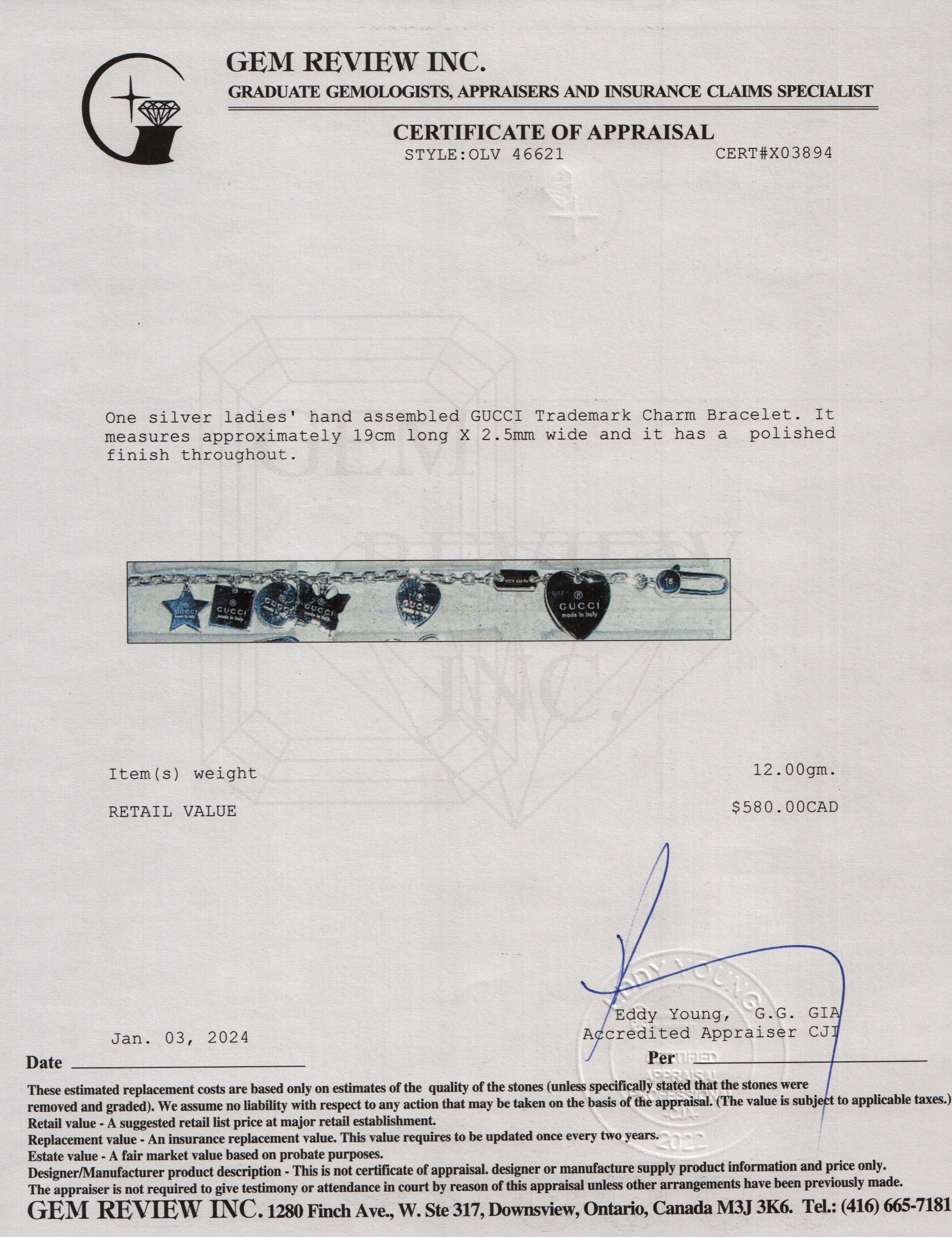 Gucci Sterling Silver Trademark Charm Bracelet w/ Box