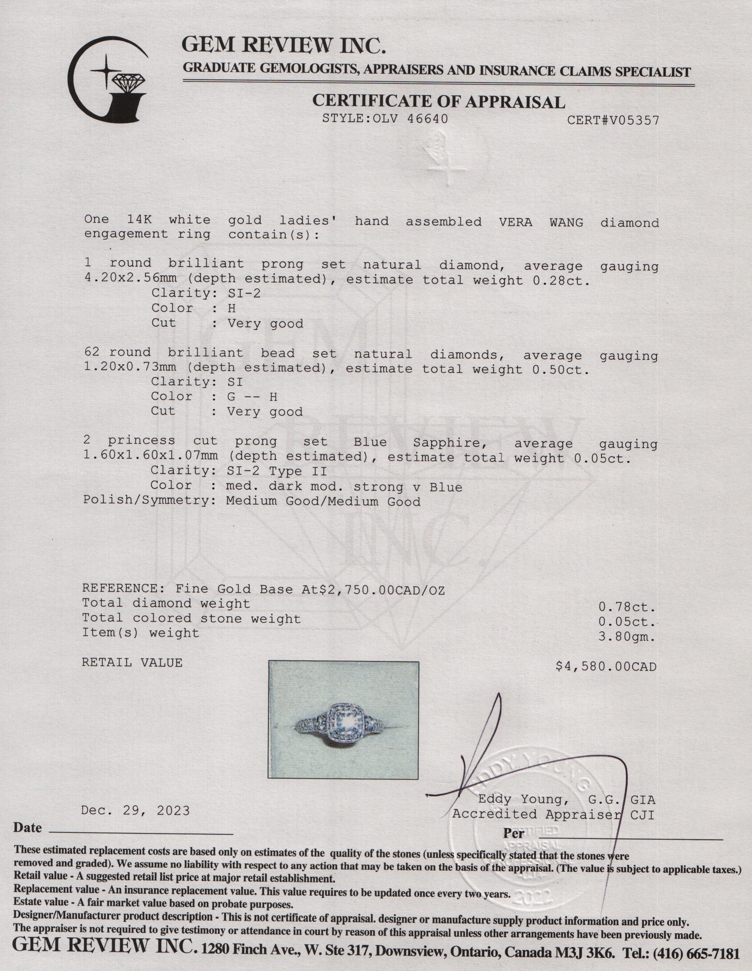 Vera Wang 14k White Gold Love Diamond Engagement Ring, Size 4.75