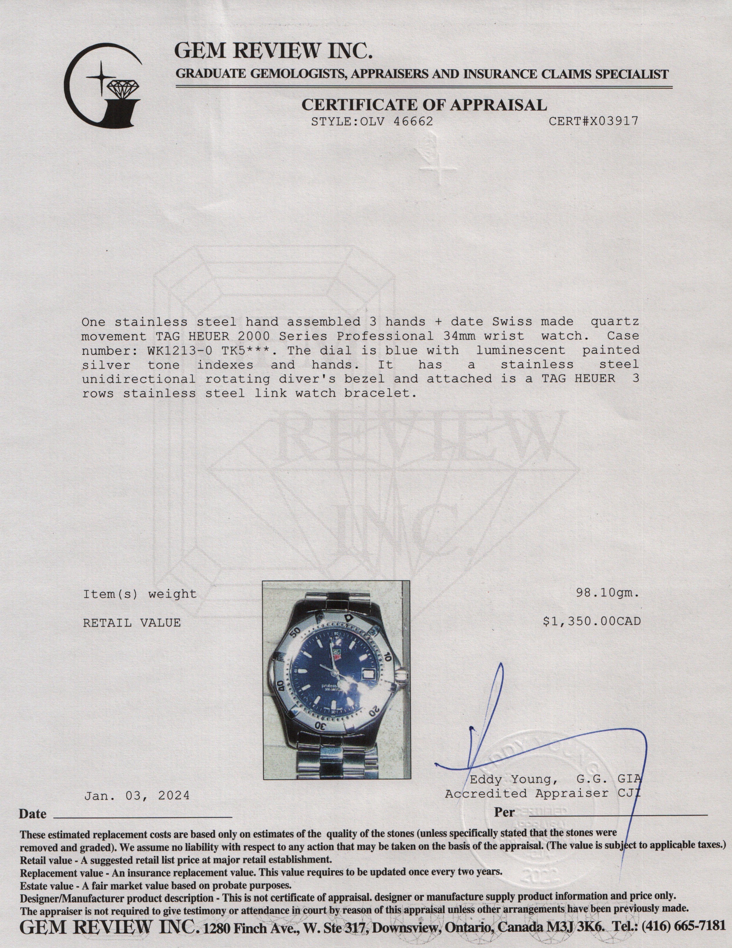 Tag Heuer Stainless Steel 2000 Series Professional 34 MM Watch w/ Box