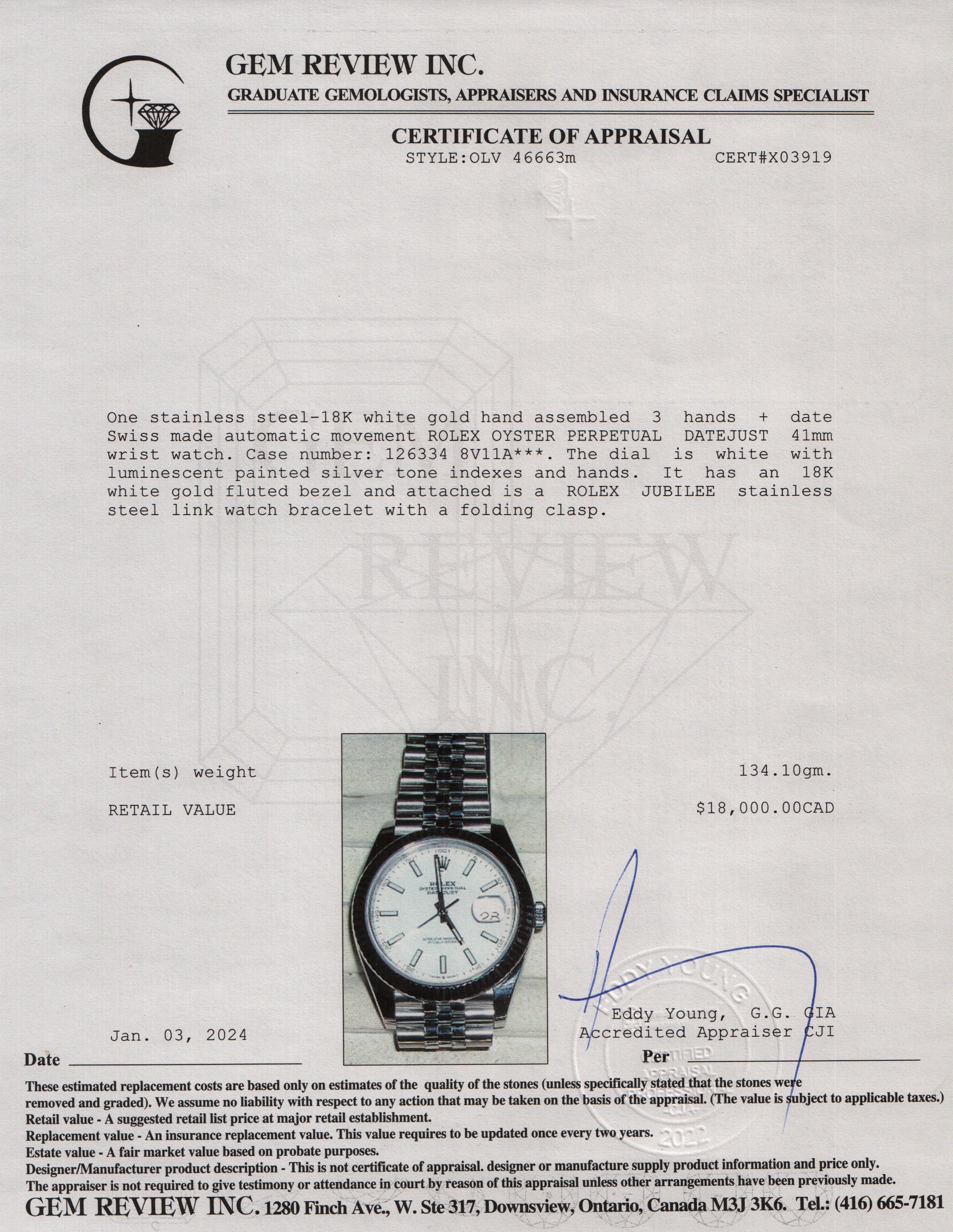 Rolex Stainless Steel Oyster Perpetual Datejust 41 MM Watch w/ Box & Papers