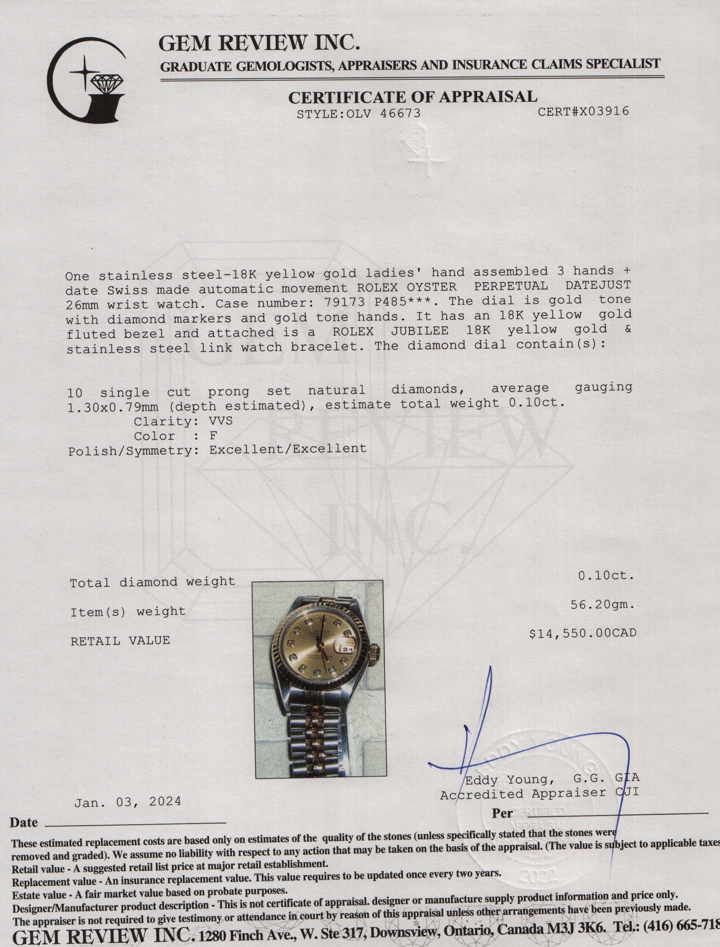 Rolex Stainless Steel & 18k Yellow Gold Diamond Dial Datejust 26 MM Watch