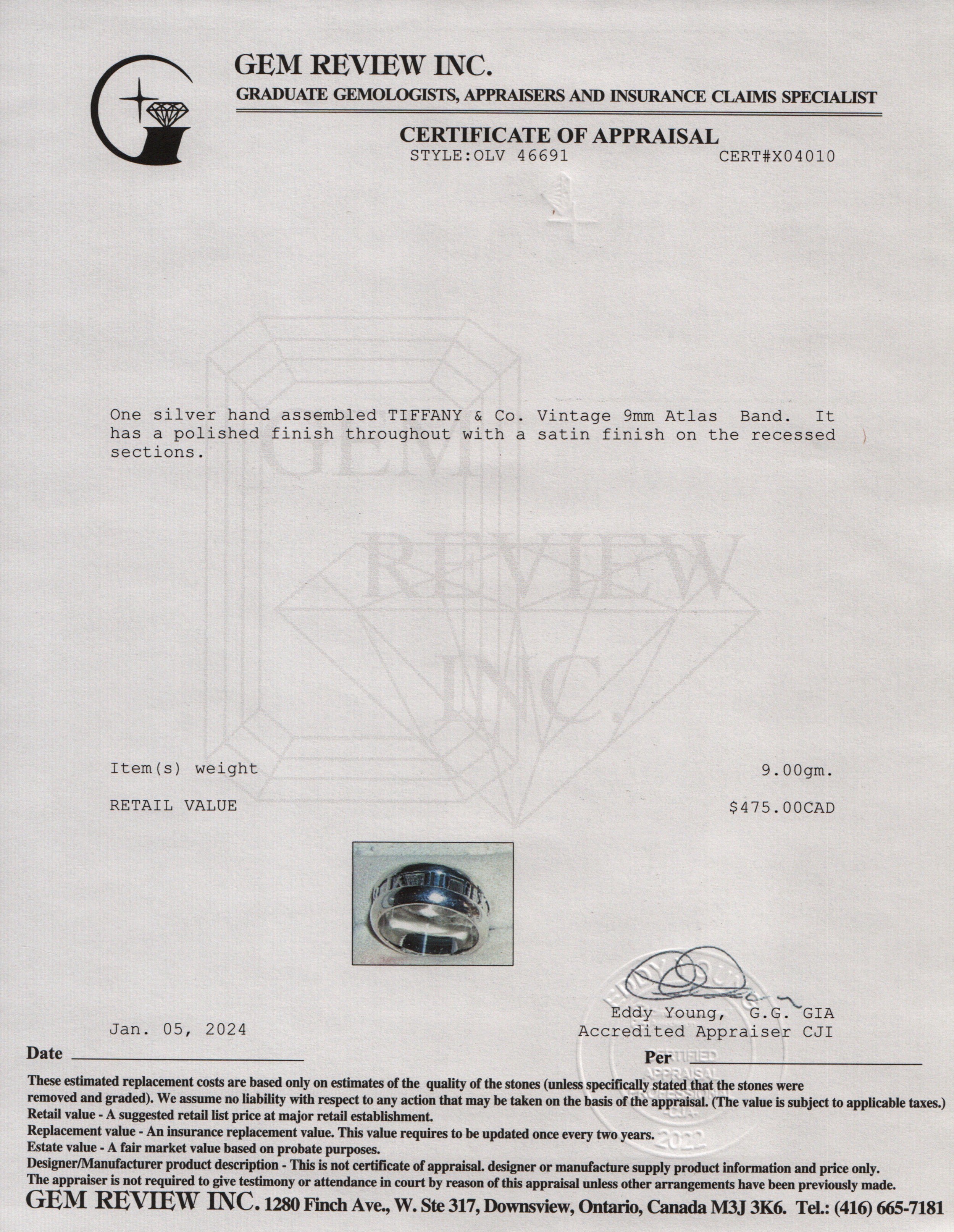 Tiffany & Co. Vintage Sterling Silver 9 MM Atlas Band, Size 7.75