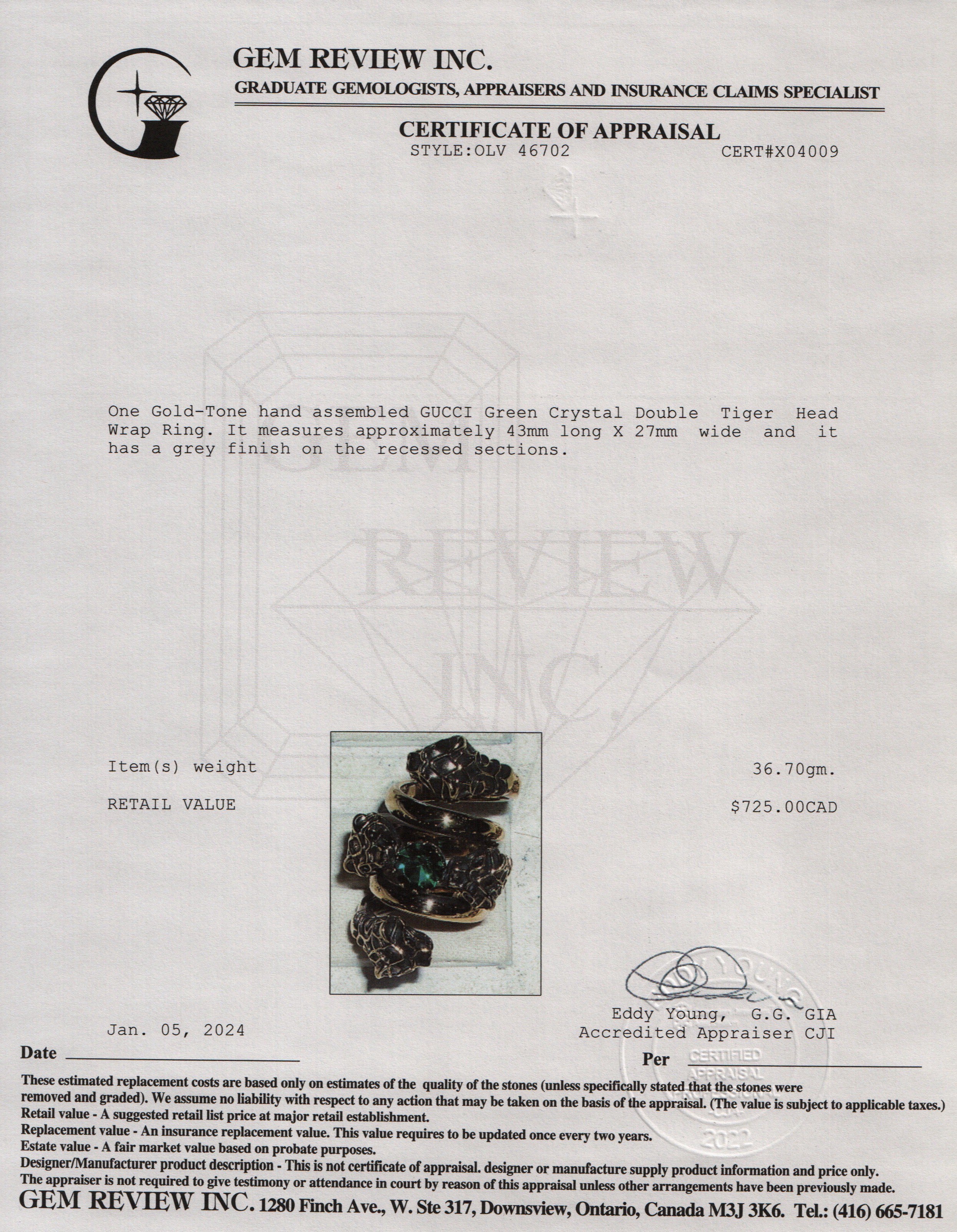 Gucci Gold-Tone Metal Green Crystal Double Tiger Head Wrap Ring, Size 7