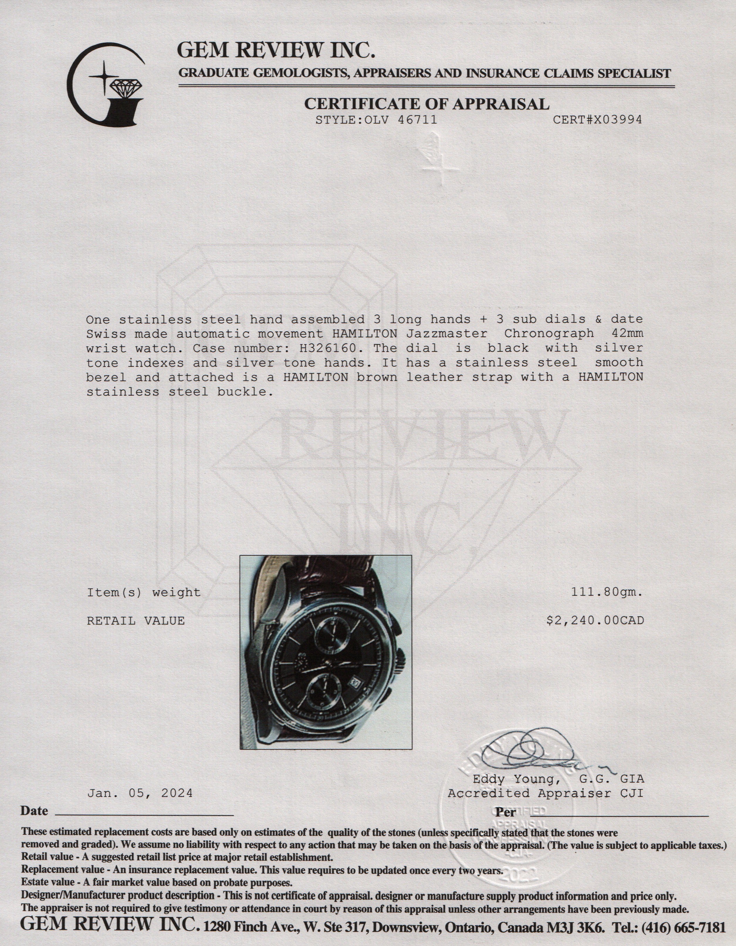 Hamilton Stainless Steel Jazzmaster Automatic Chronograph 42 MM Watch