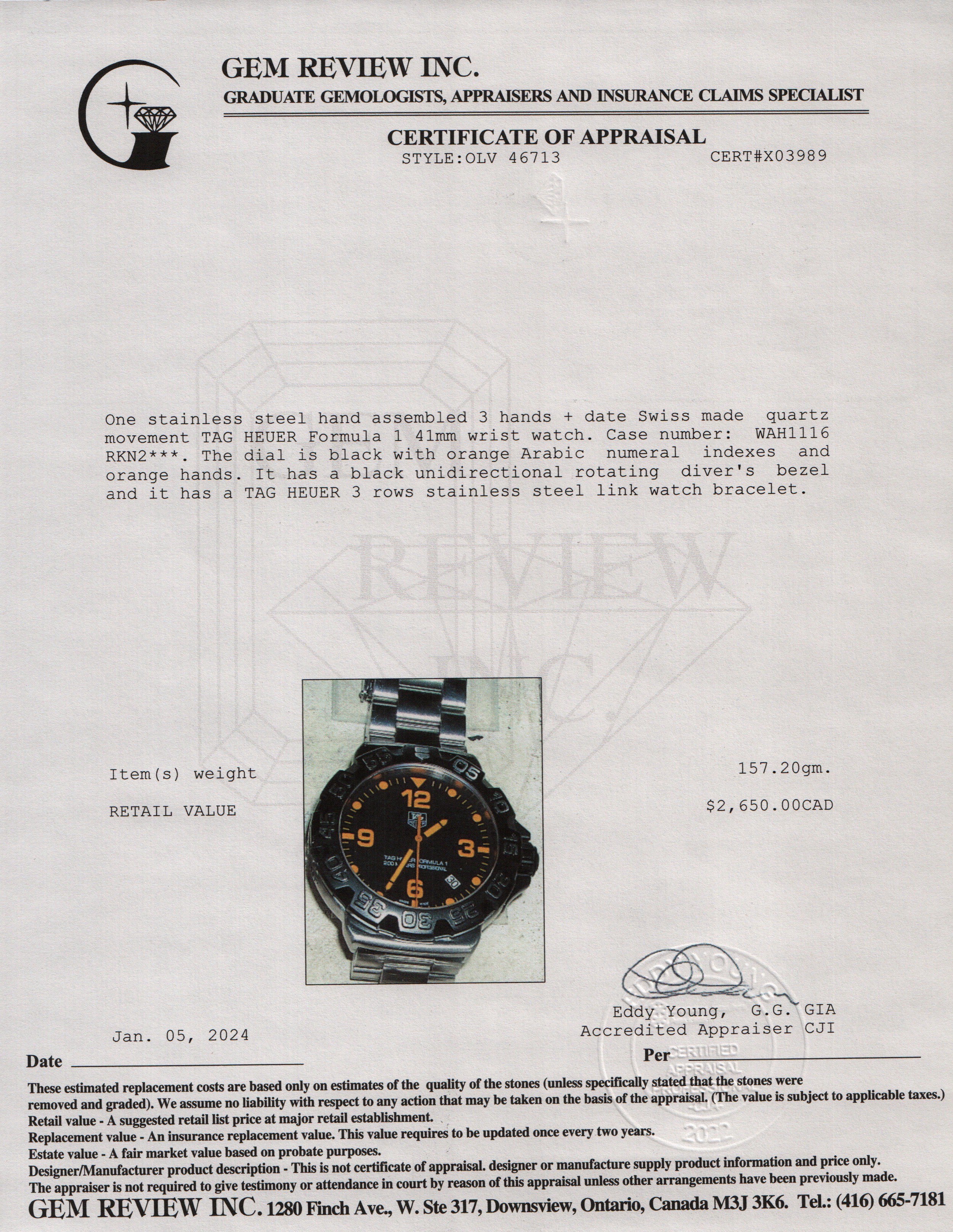 Tag Heuer Stainless Steel Formula 1 41 MM Watch w/ Box & Papers