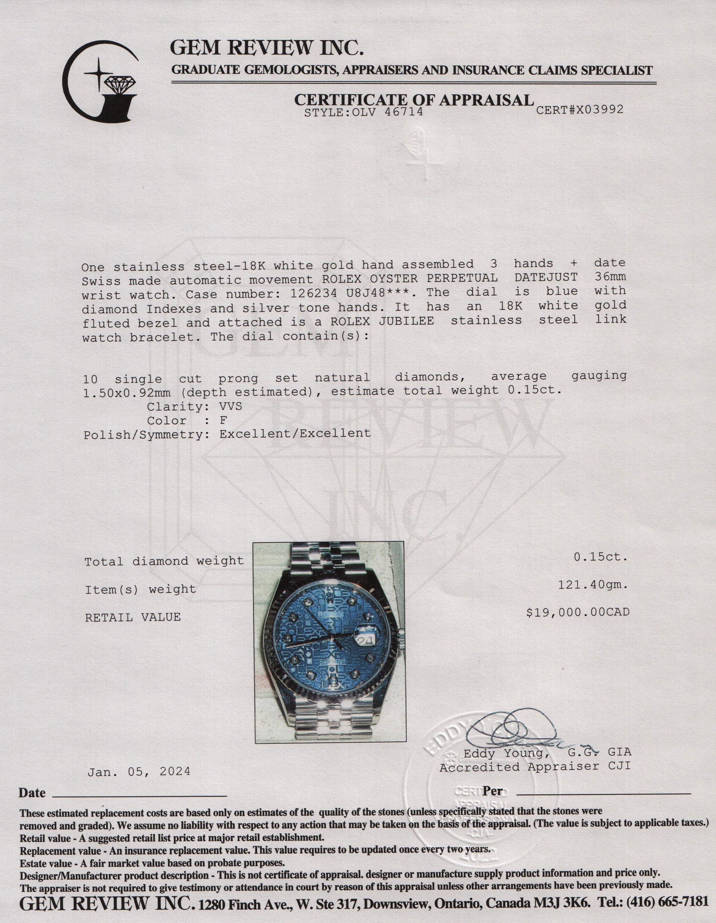 Rolex Stainless Steel Oyster Perpetual Datejust 36 MM Blue DIamond Dial Watch w/ Box & Papers