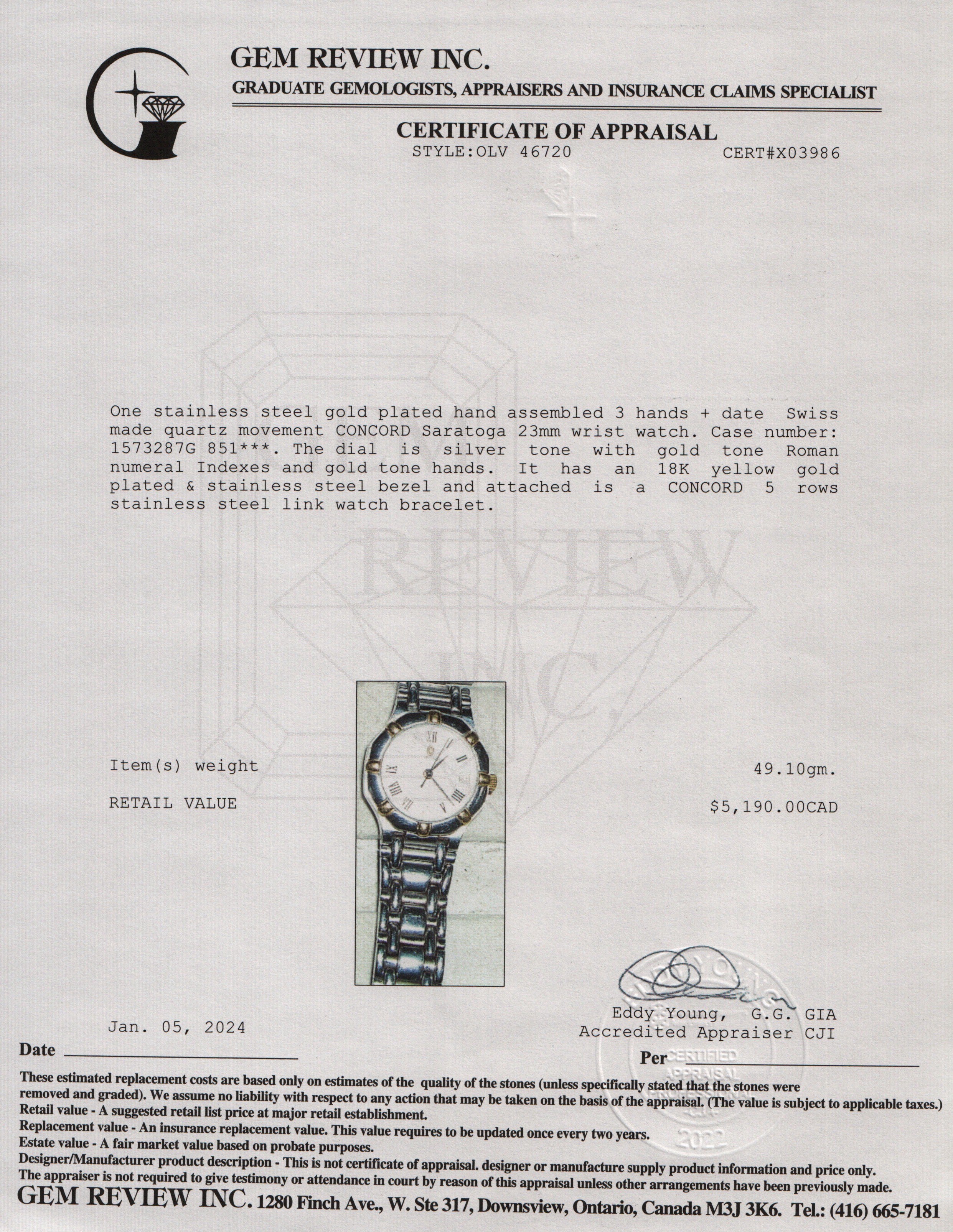 Concord Stainless Steel & 18k Yellow Gold Plated Saratoga 23 MM Watch