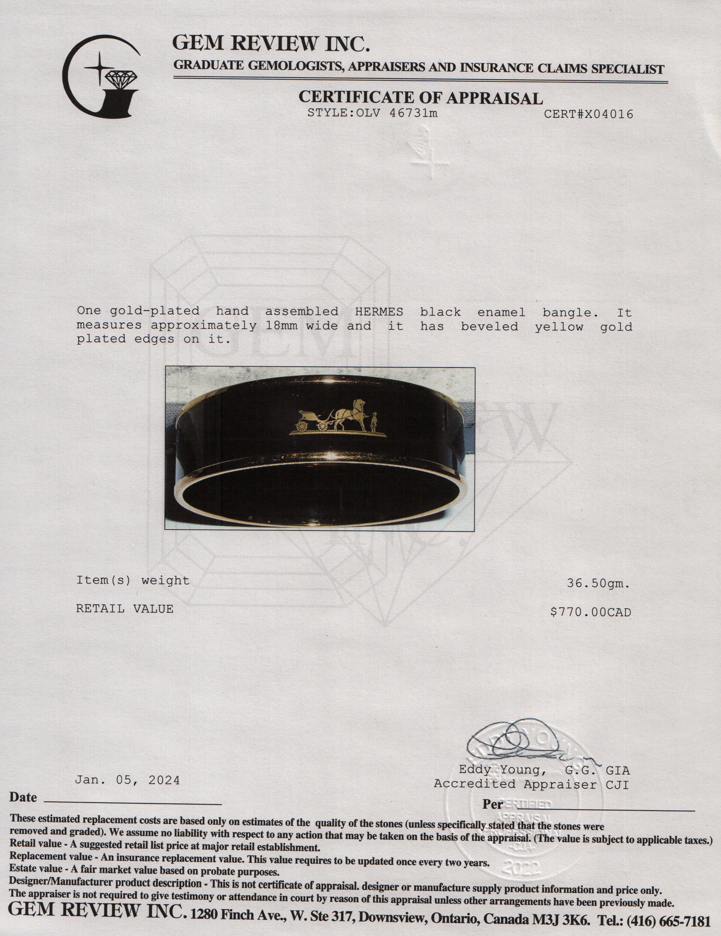 Hermes Gold-Plated Black Enamel Wide Bangle w/ Box