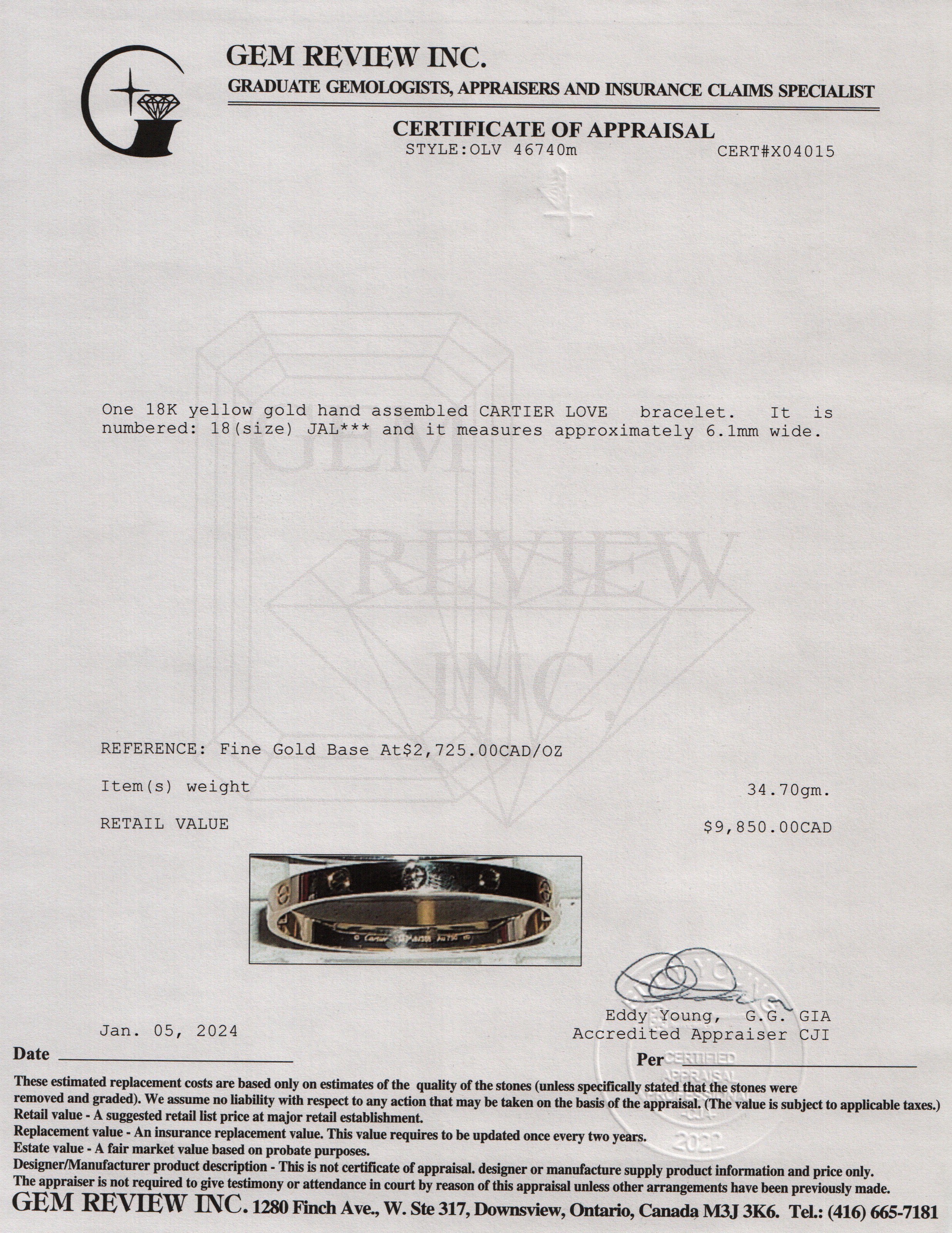 Cartier 18k Yellow Gold Love Bracelet, Size 18 w/ Box