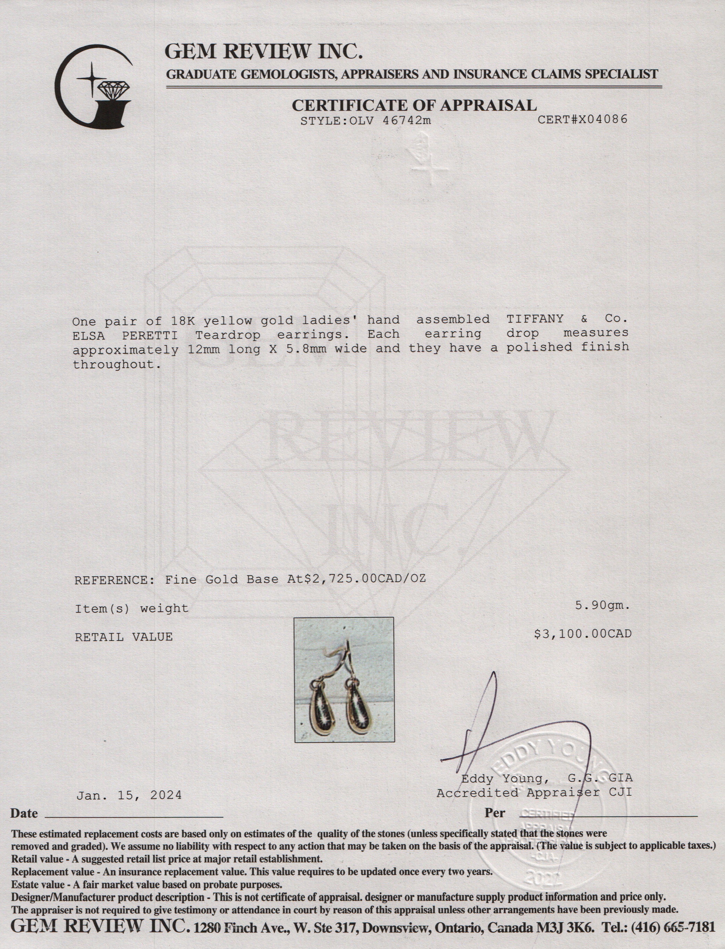 Tiffany & Co. Elsa Peretti 18k Yellow Gold 12 MM Teardrop Earrings