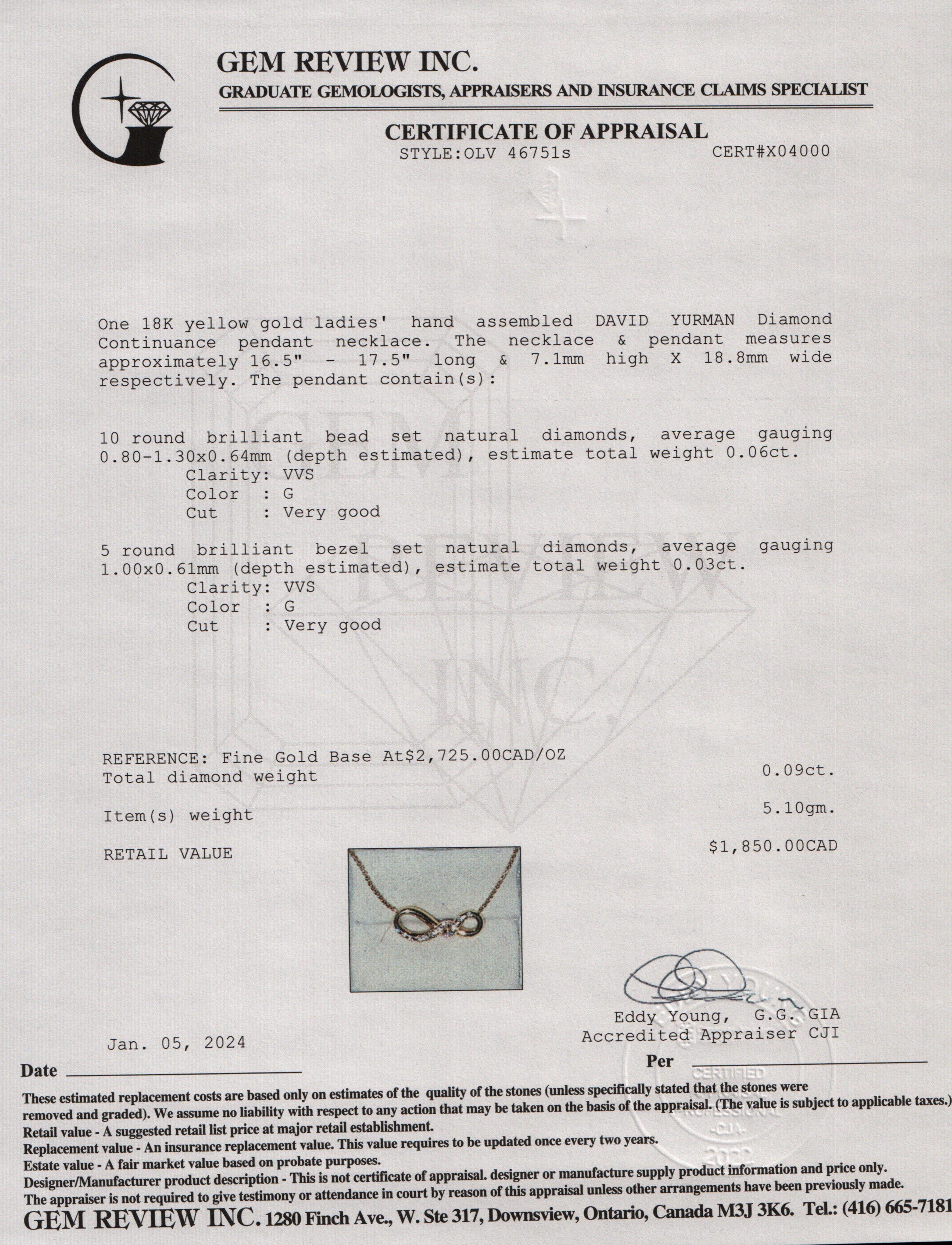 David Yurman 18k Yellow Gold Diamond Continuance Pendant Necklace