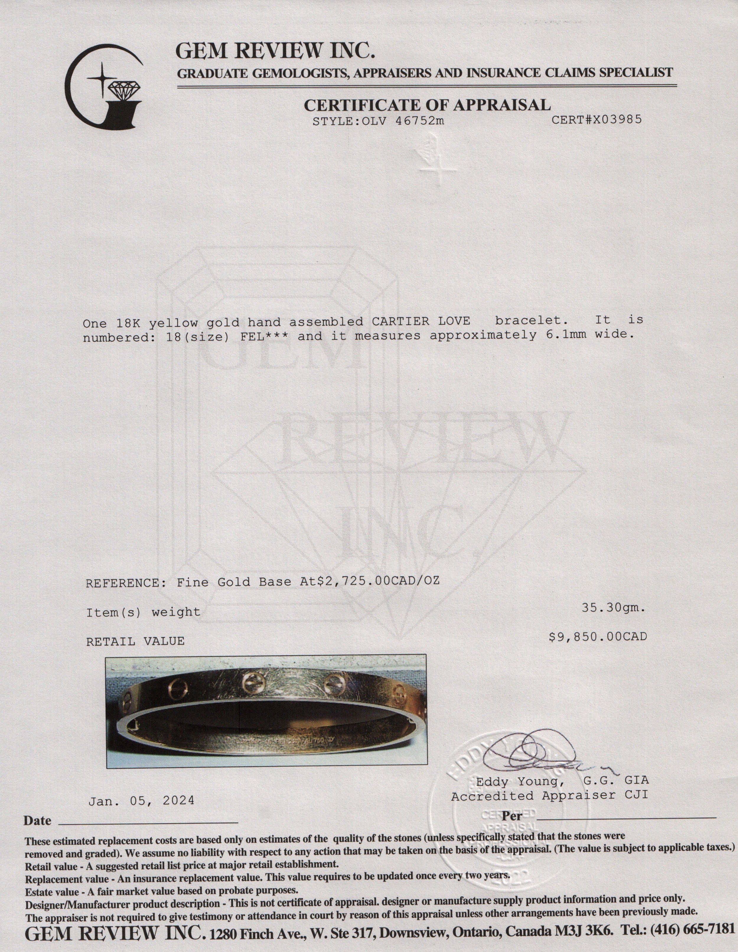 Cartier 18k Yellow Gold Love Bracelet, Size 18 w/ Box & Certificate