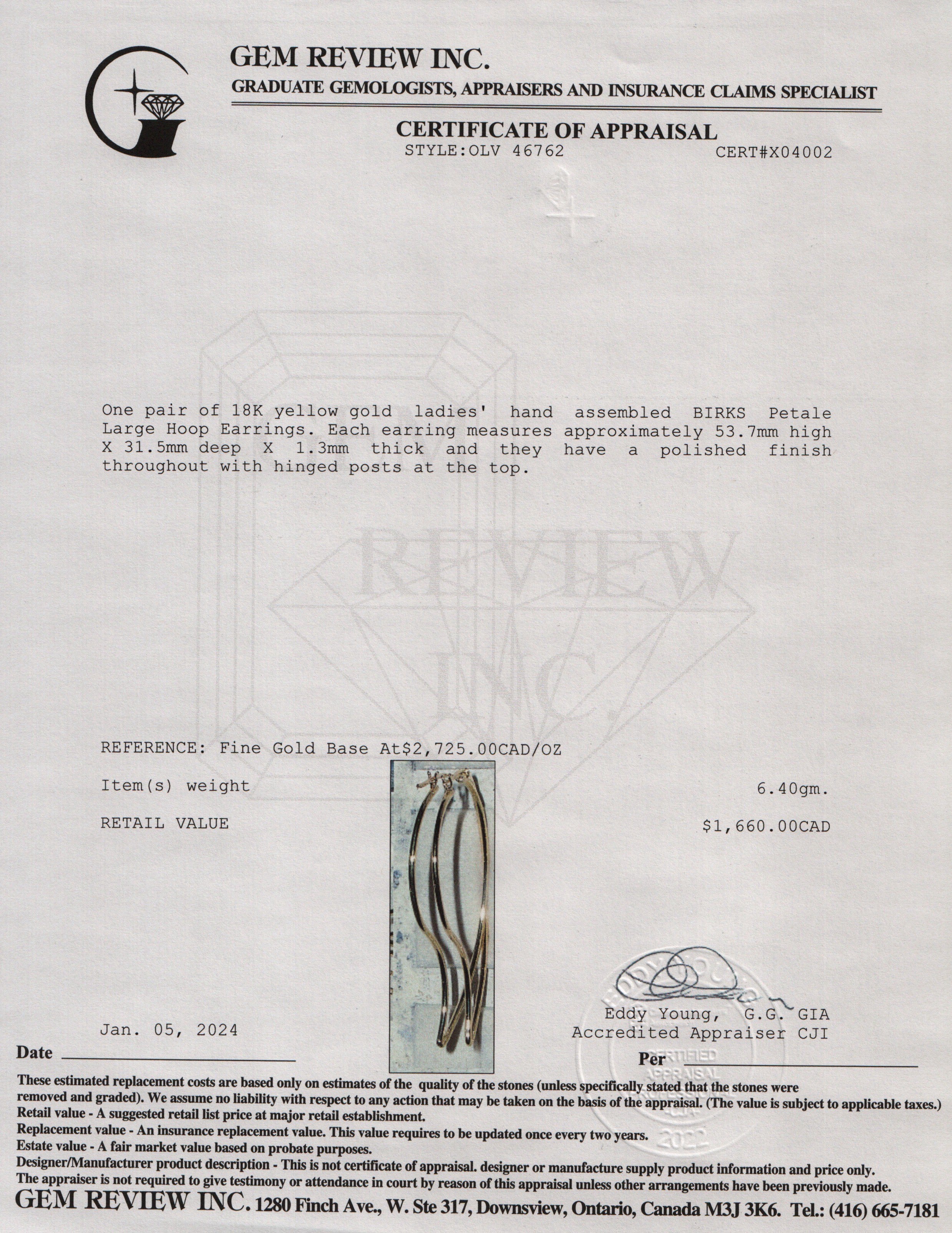 Birks Petale 18k Yellow Gold Large Hoop Earrings w/ Box