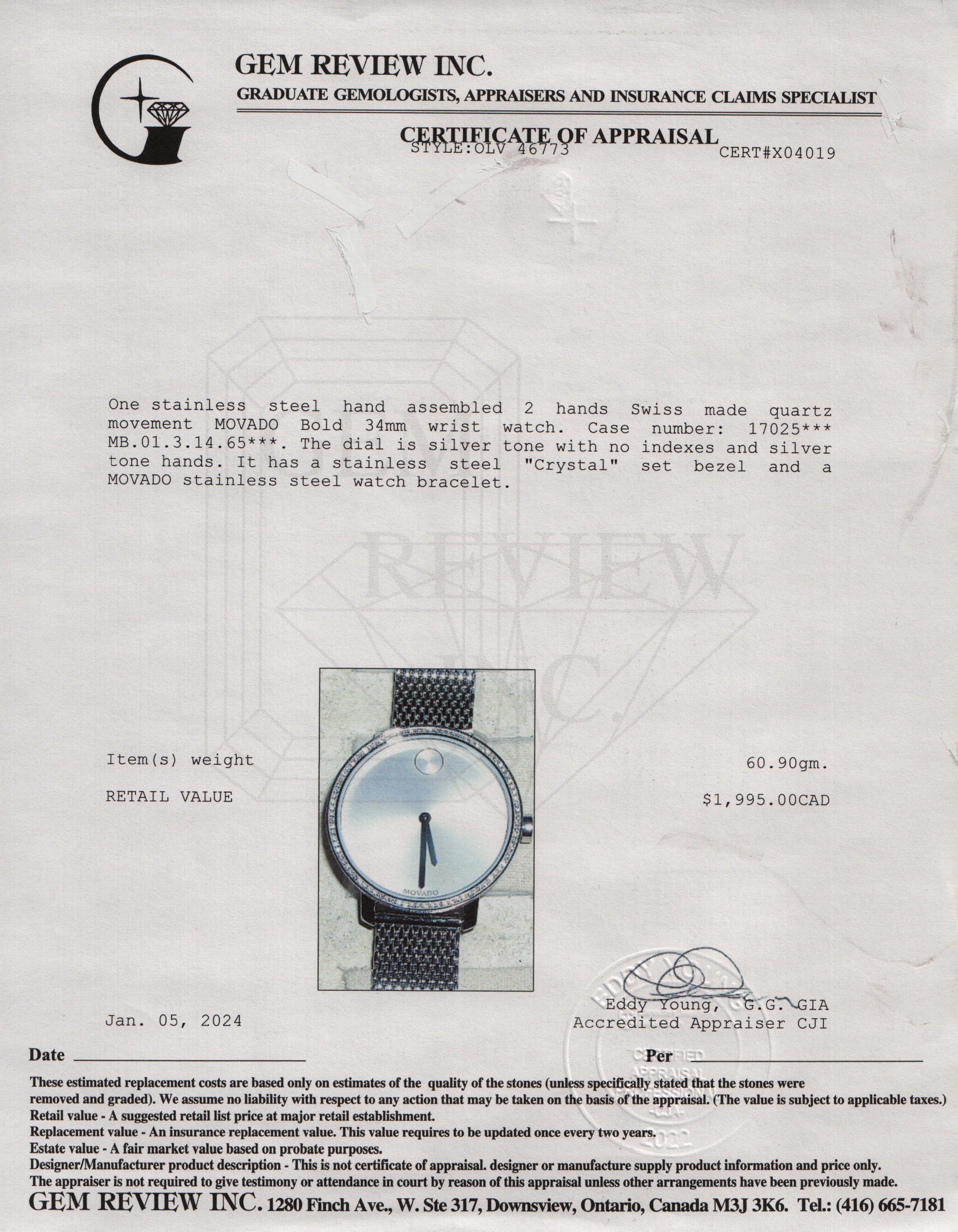 Movado Stainless Steel Diamond Bezel Bold 34 MM Watch w/ Box