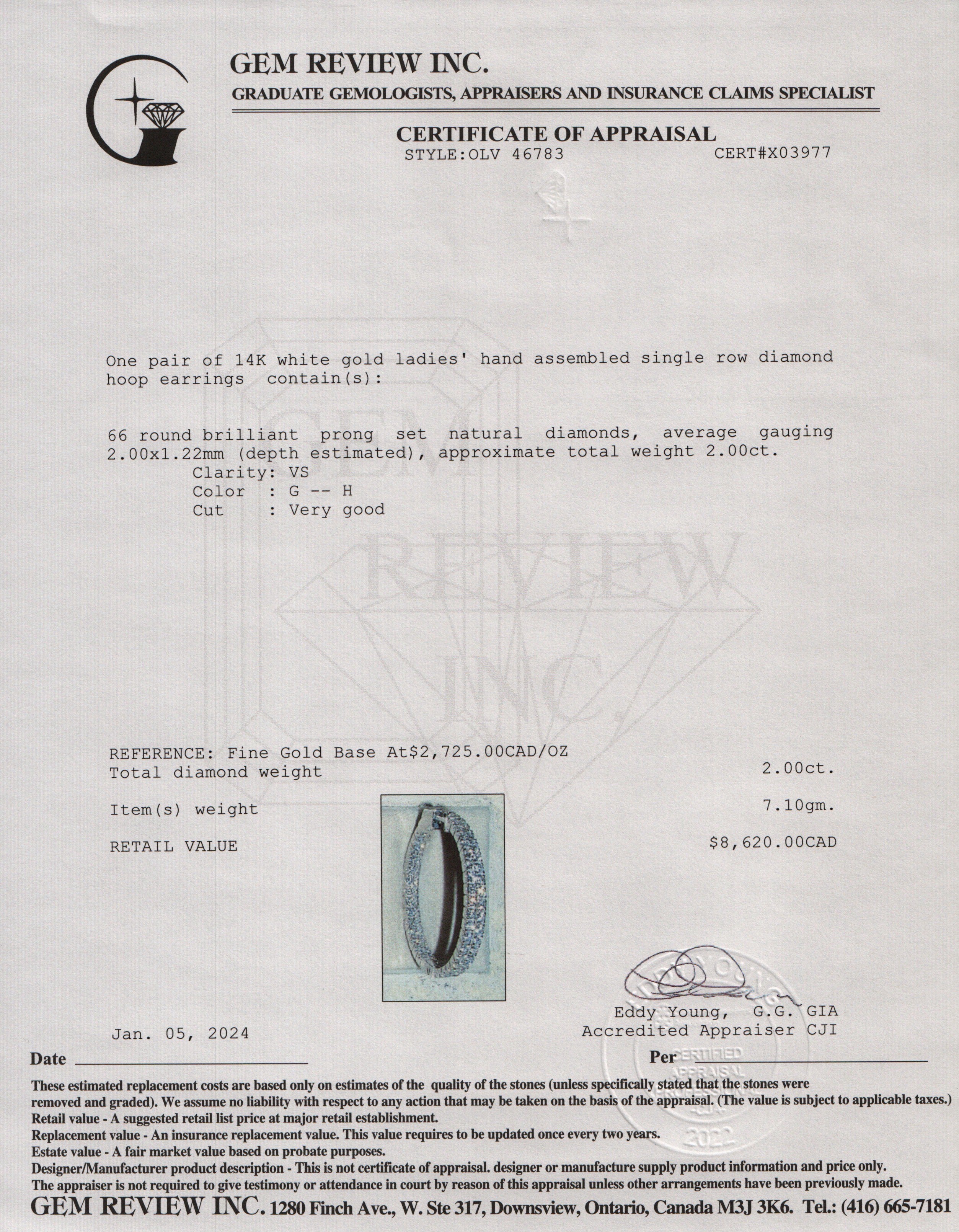 14k White Gold 2.00 tcw. Diamond Hoop Earrings