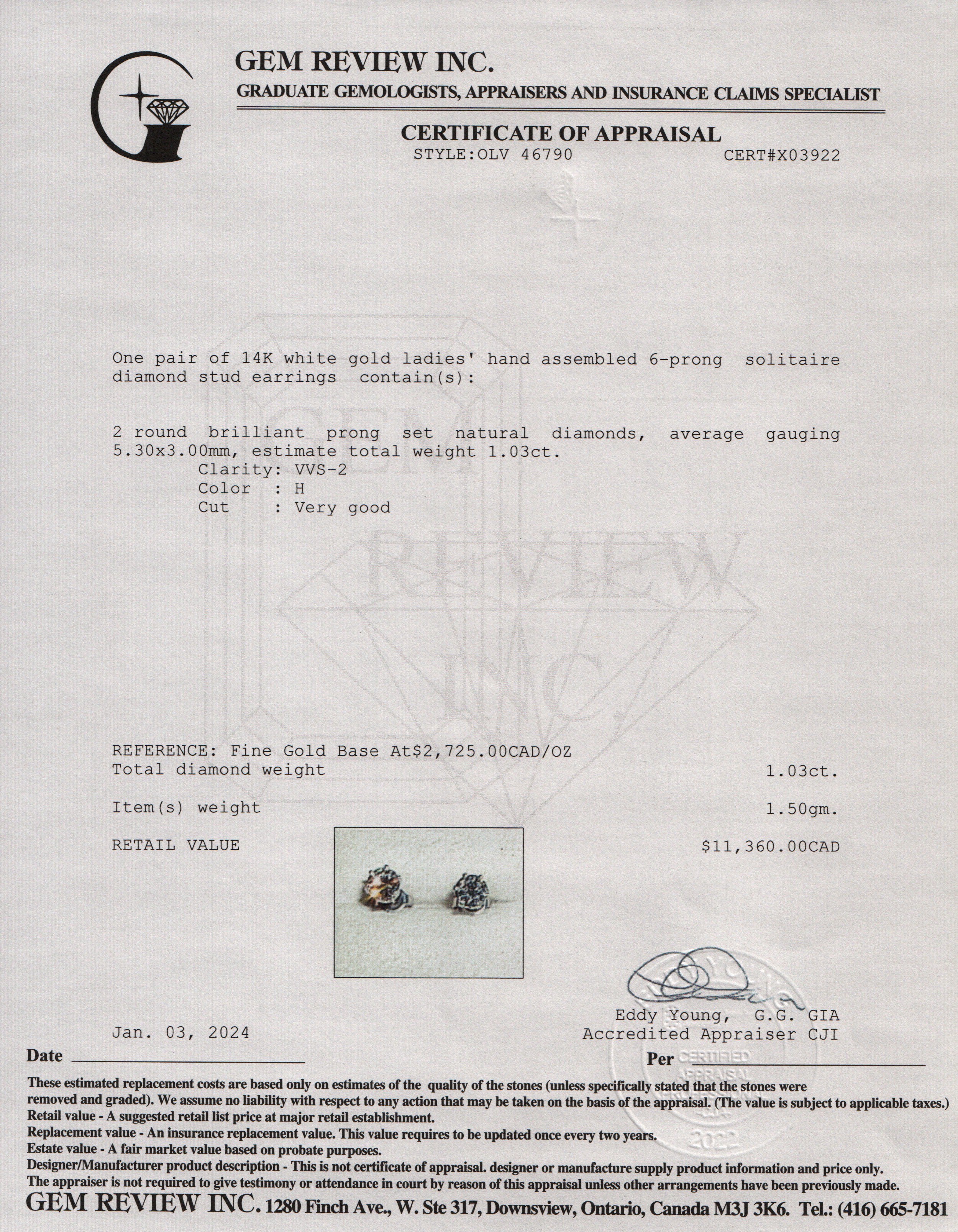 14k White Gold 1.03 tcw. Diamond Stud Earrings