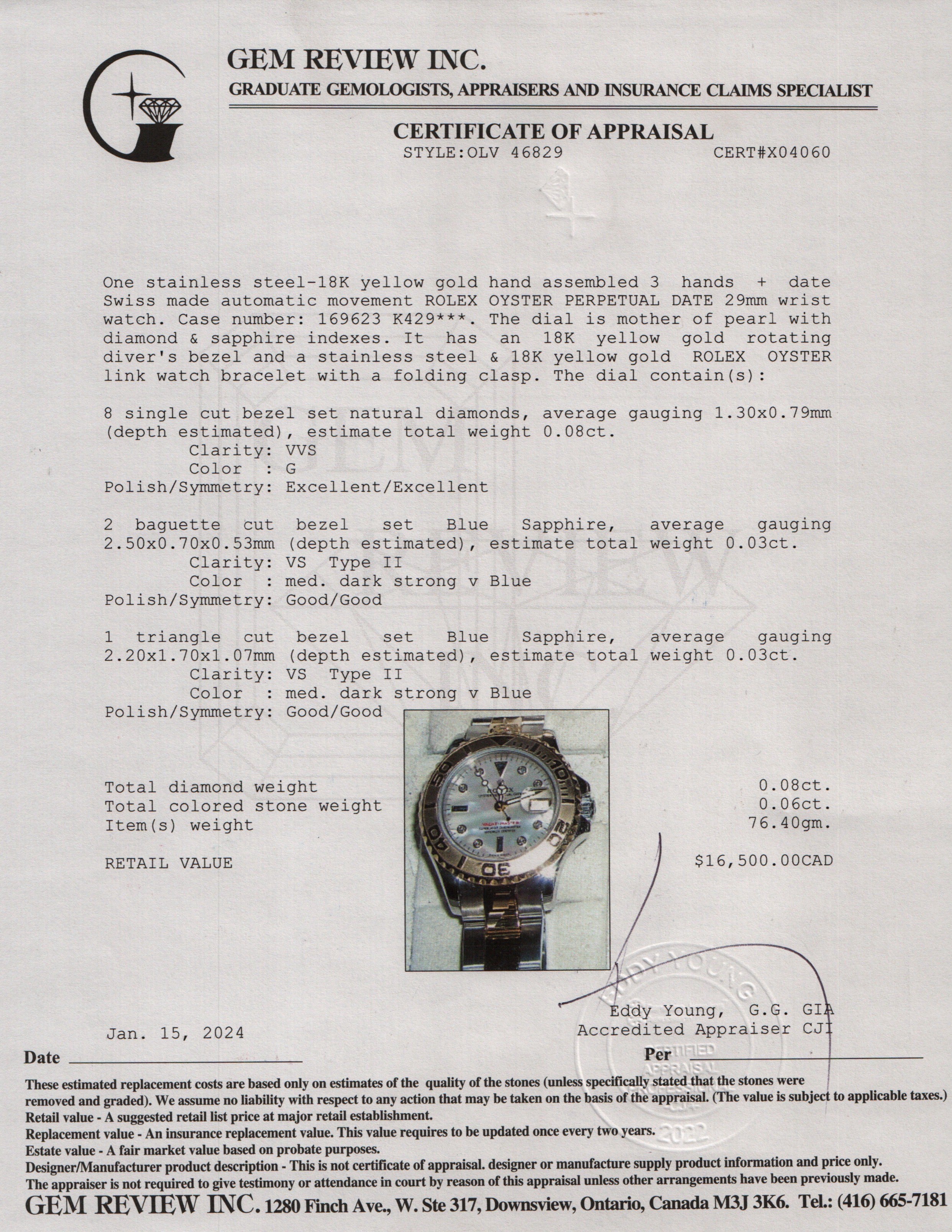 Rolex Stainless Steel & 18k Yellow Gold Ladies Yacht-Master Date 29 MM Diamond Dial Automatic Watch w/ Box