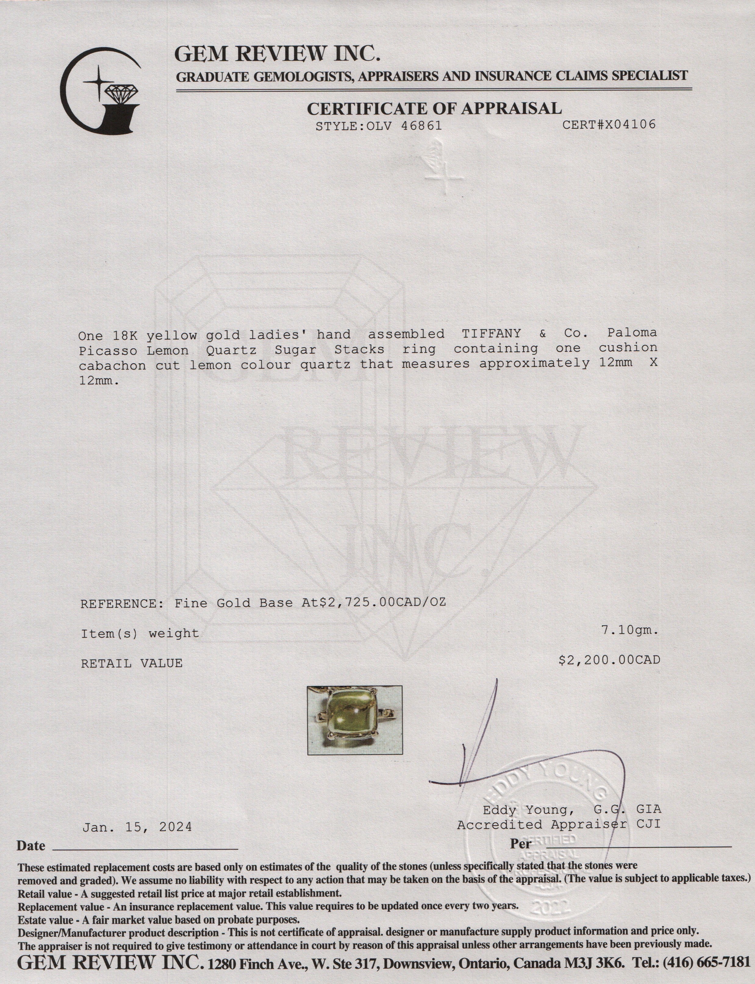 Tiffany & Co. Paloma Picasso 18k Yellow Gold Lemon Quartz Sugar Stacks Ring, Size 7.5