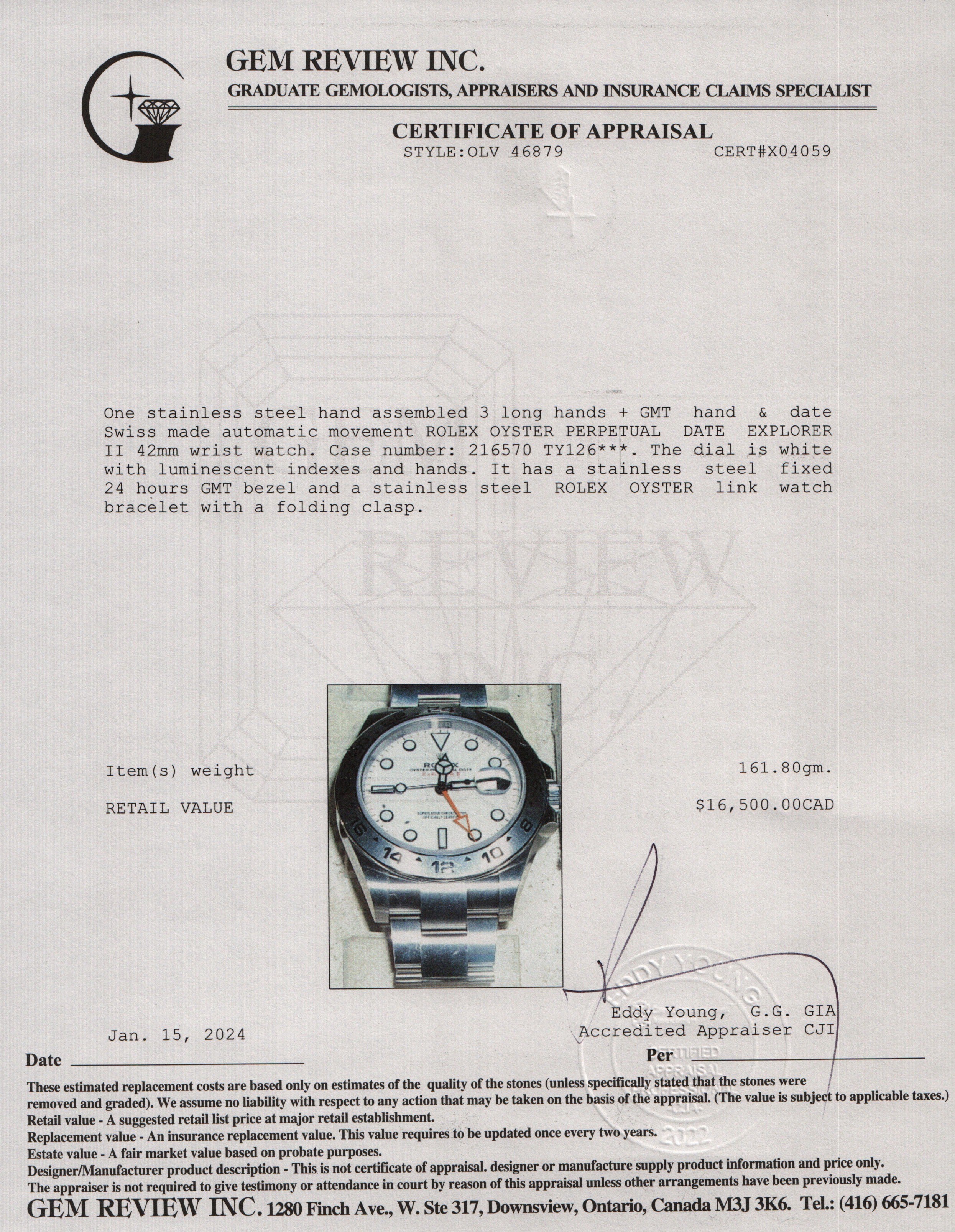 Rolex Stainless Steel Explorer II 42 MM Automatic Watch w/ Box & Papers