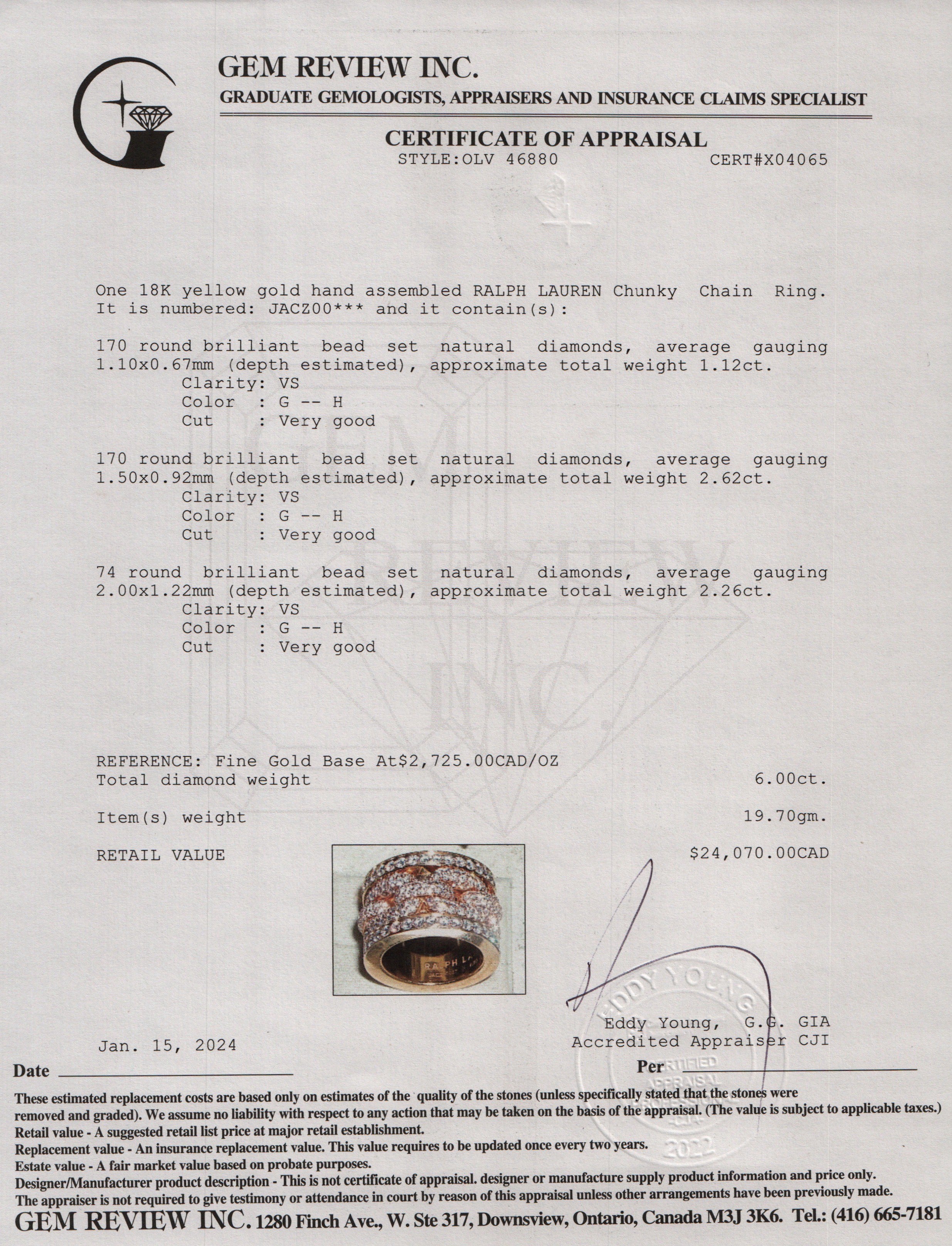 Ralph Lauren 18k Yellow Gold Pave Diamond Chunky Chain Ring, Size 7