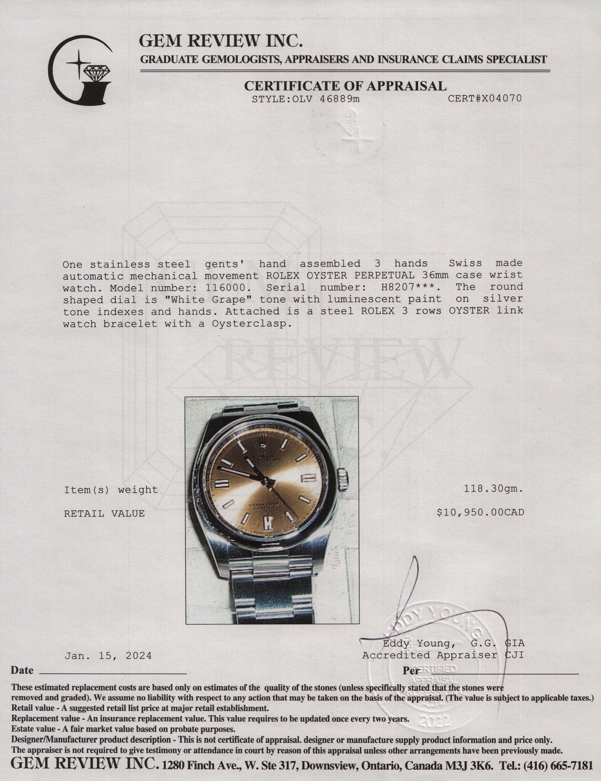 Rolex Stainless Steel Oyster Perpetual White Grape 36 MM Watch w/ Box & Papers