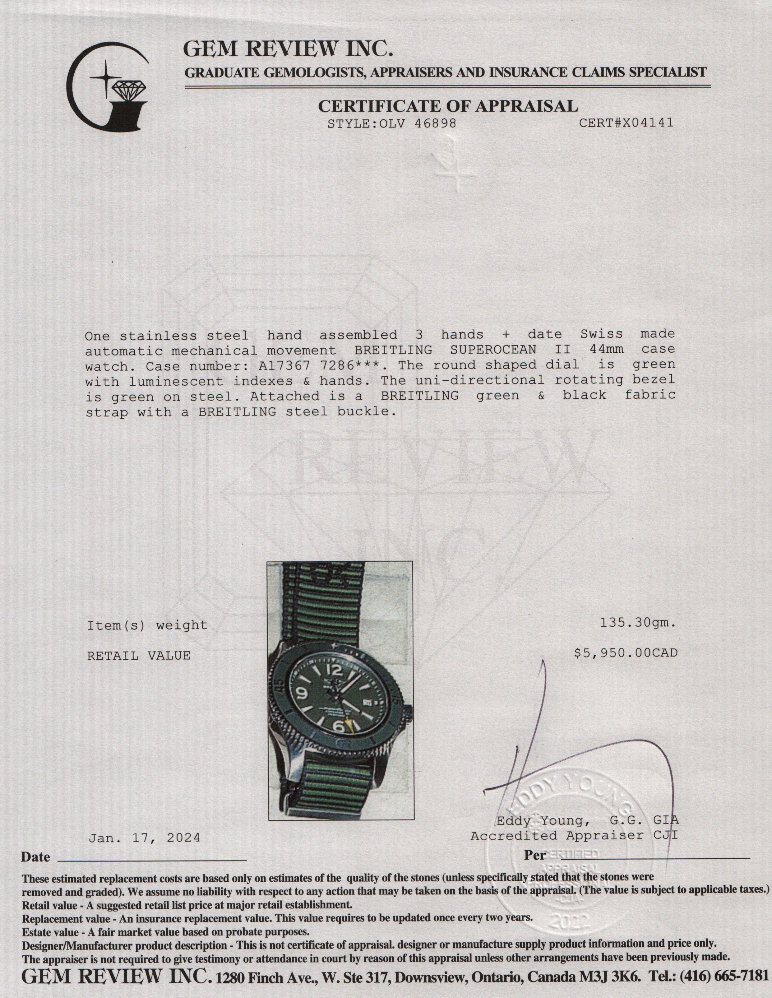 Breitling Stainless Steel Superocean II 44 MM Automatic Watch w/ Box & Papers