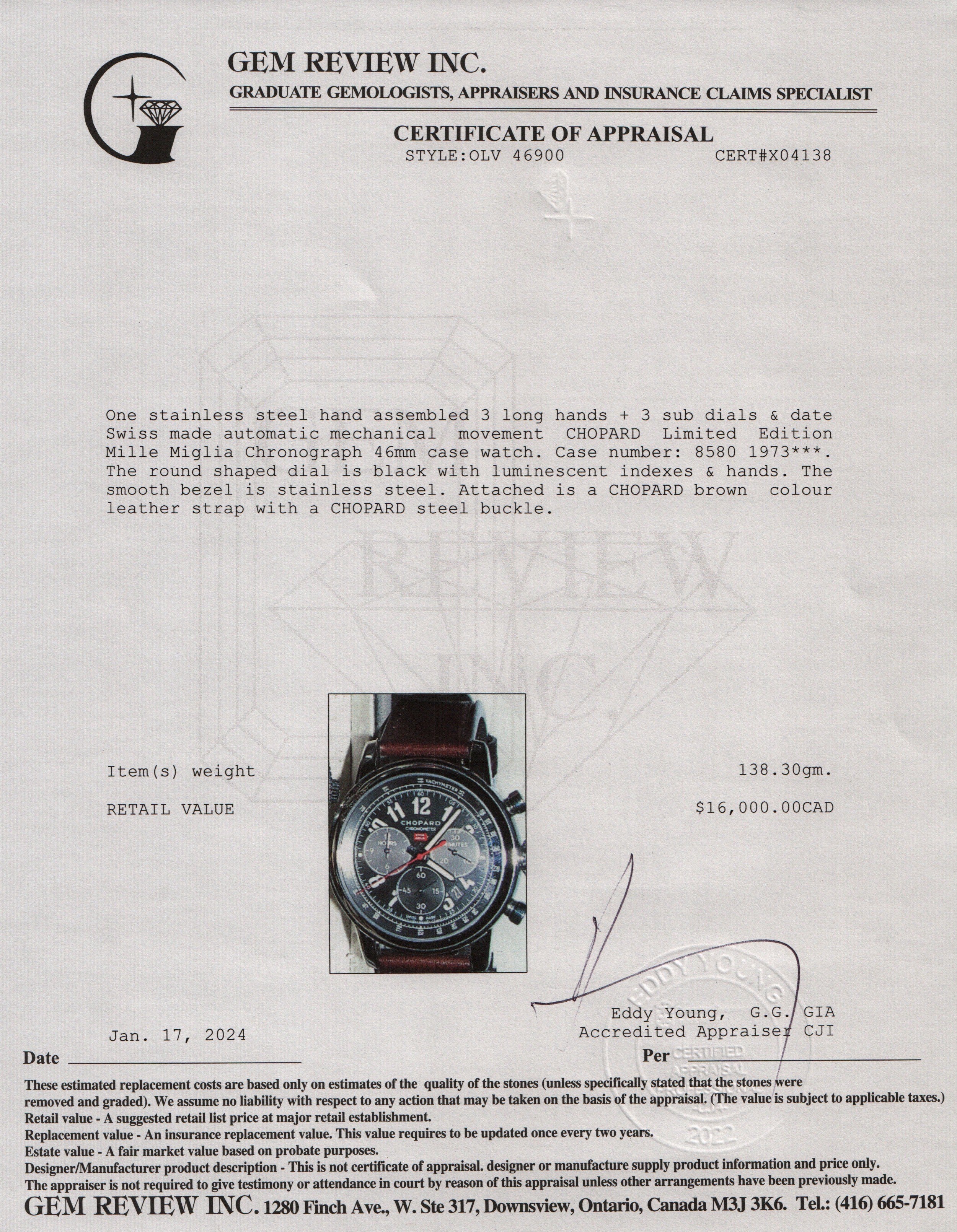 Chopard Limited Edition Stainless Steel Mille Miglia Chronograph 46 MM Automatic Watch w/ Box & Certificate
