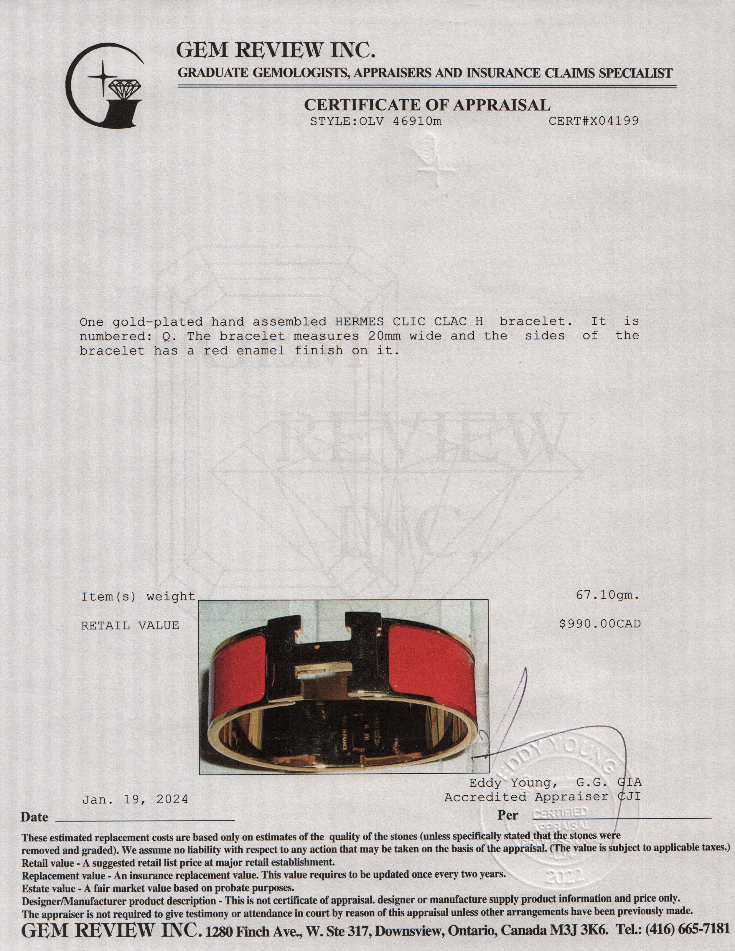 Hermes Gold-Plated Red Enamel Clic Clac H Bracelet