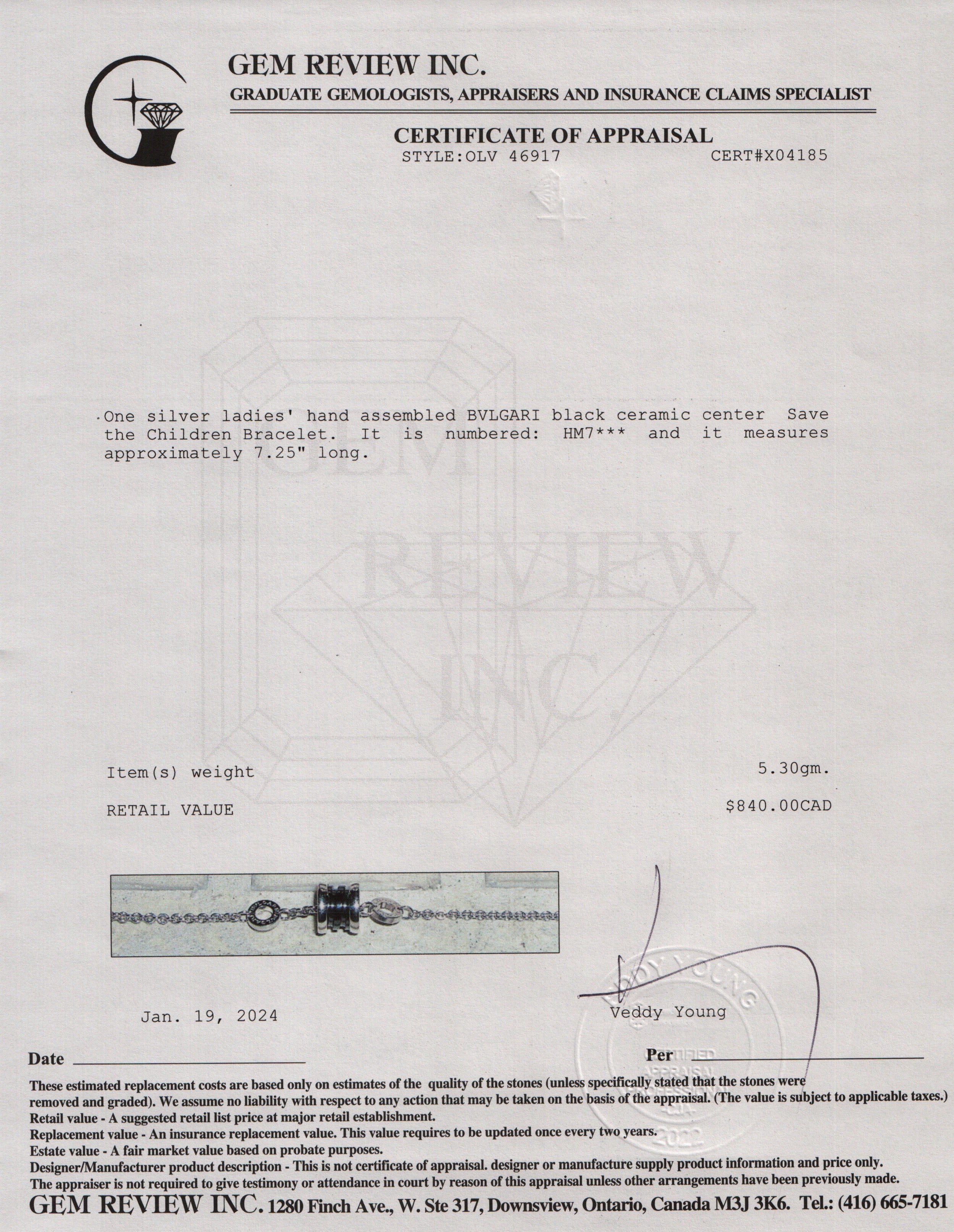 BVLGARI Sterling Silver & Black Ceramic Save The Children Bracelet w/ Box, Certificate & Receipt