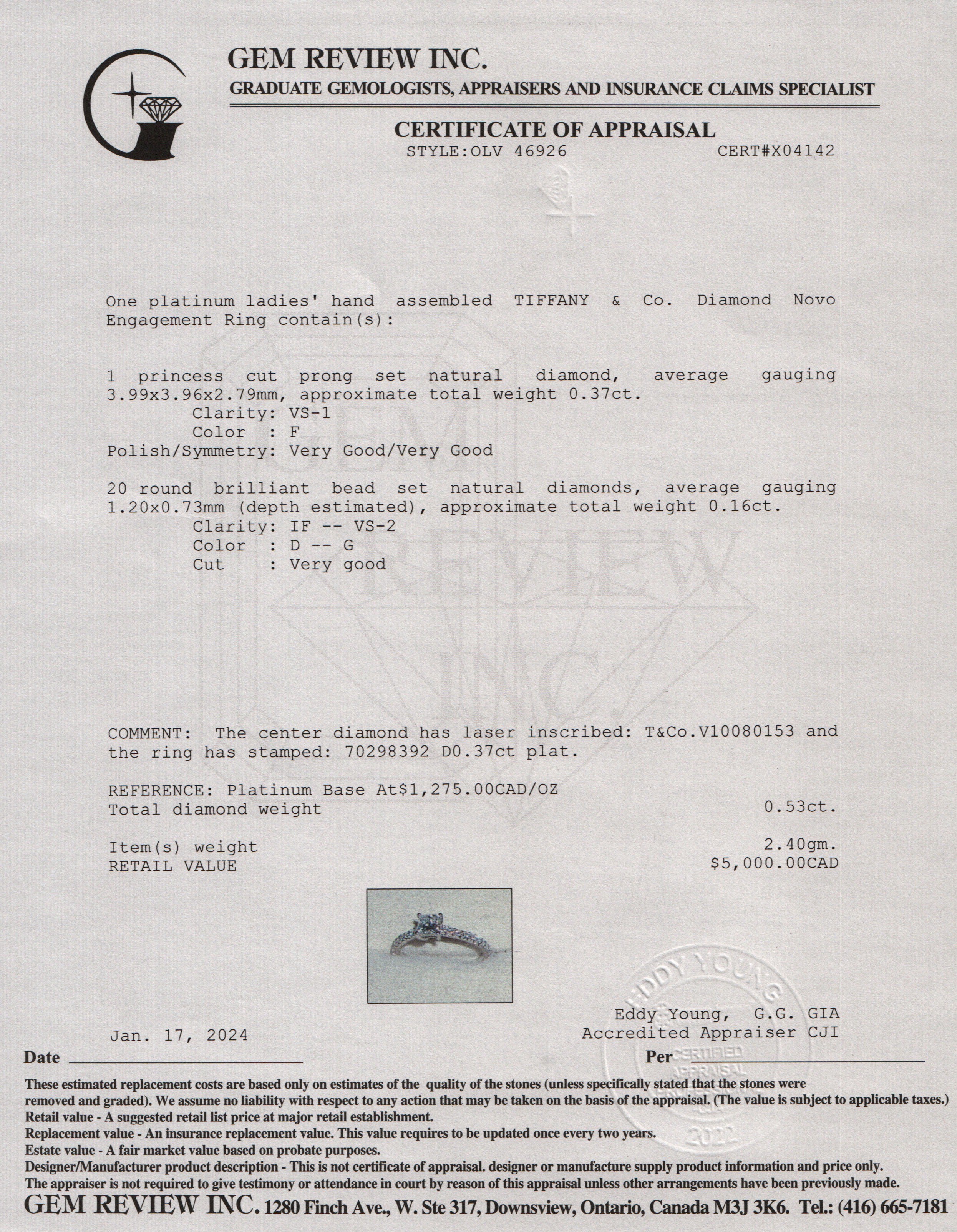 Tiffany & Co. Platinum 0.37 ct. Princess Cut Diamond Novo Engagement Ring, Size 3.5 w/ Paperwork