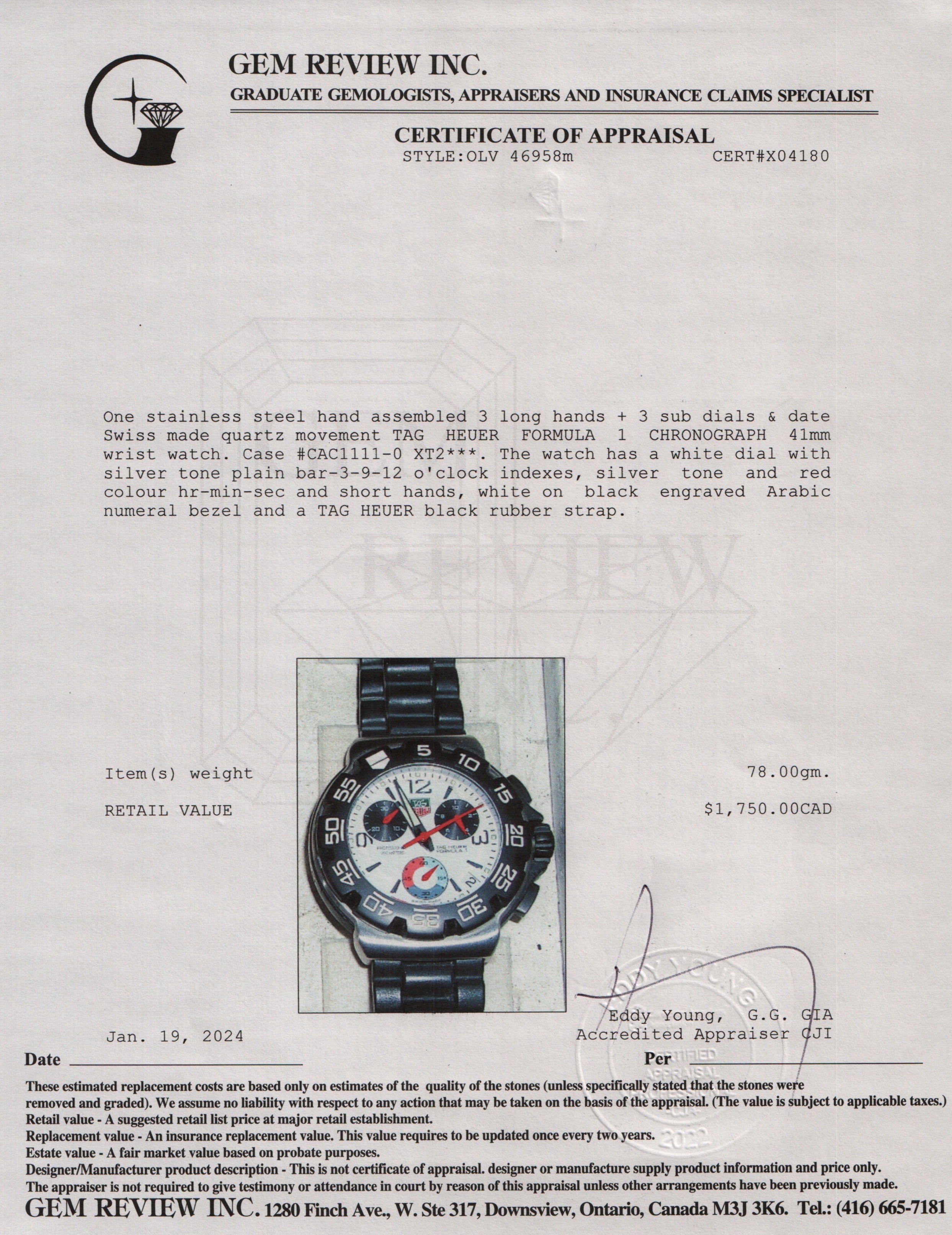 Tag Heuer Stainless Steel Formula 1 Chronograph Watch w/ Box & Papers