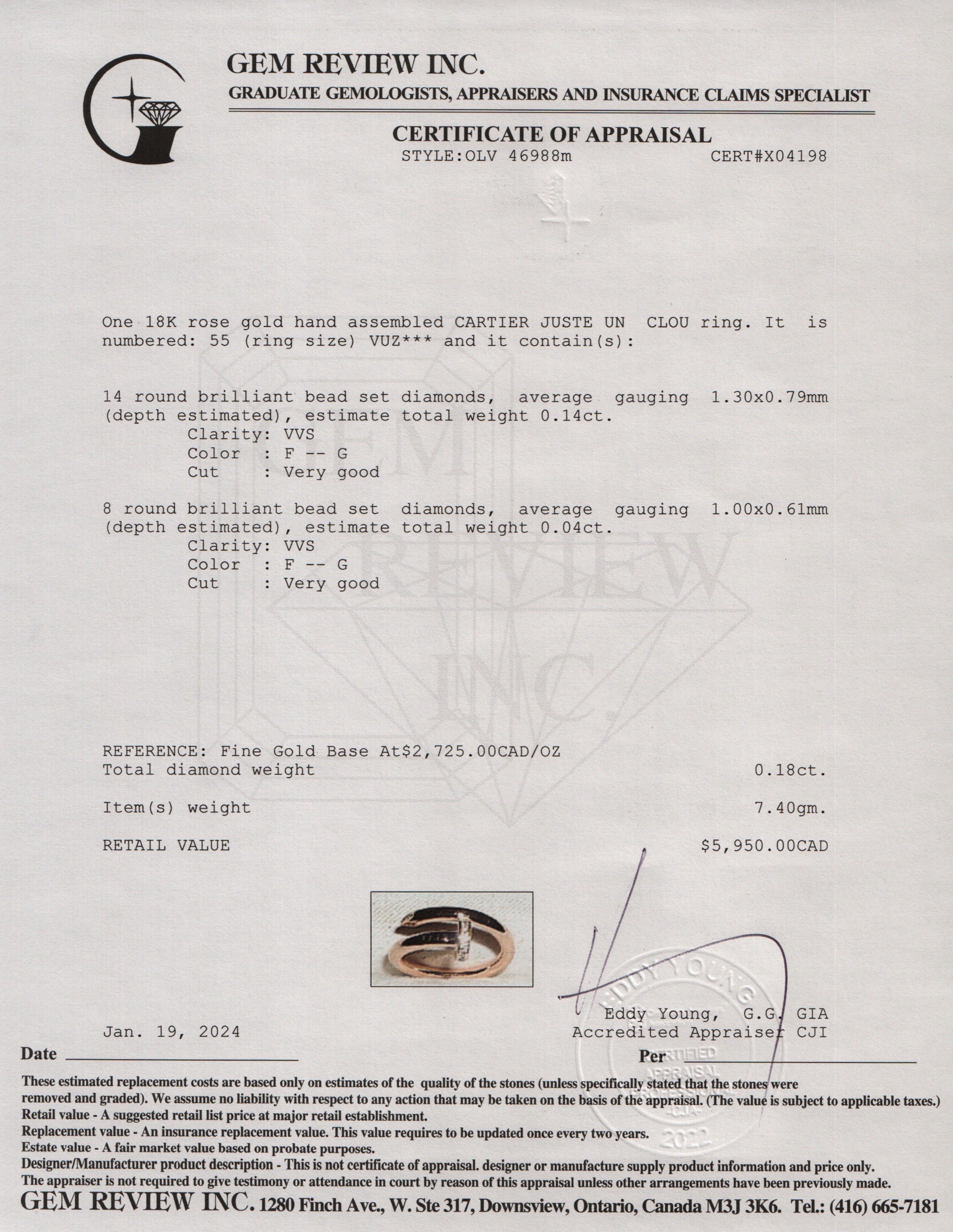 Cartier 18k Rose Gold Diamond Juste Un Clou Ring, Size 55 7.25