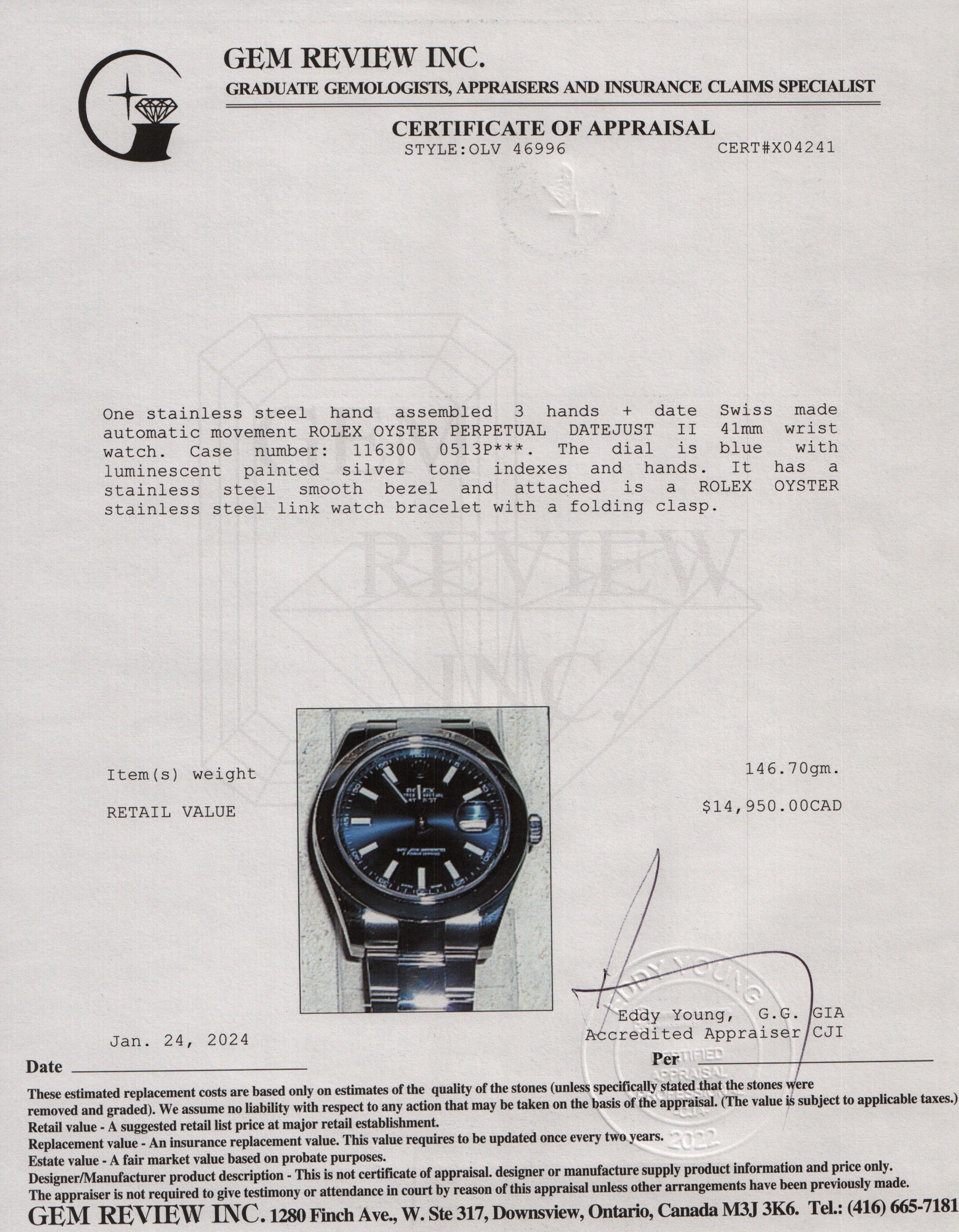 Rolex Stainless Steel Datejust II 41 MM Watch w/ Box & Papers