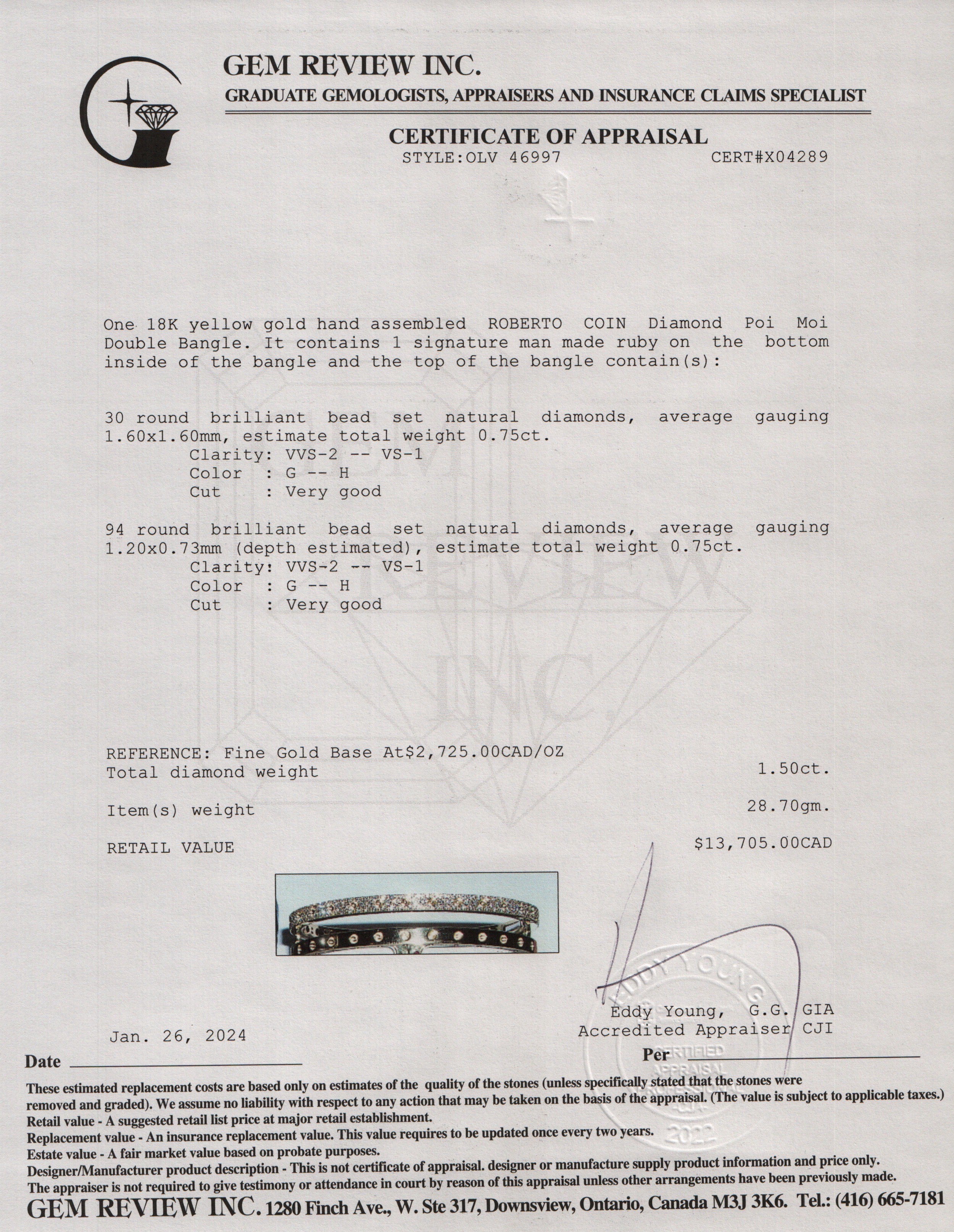 Roberto Coin 18k Yellow Gold Diamond Poi Moi Double Bangle