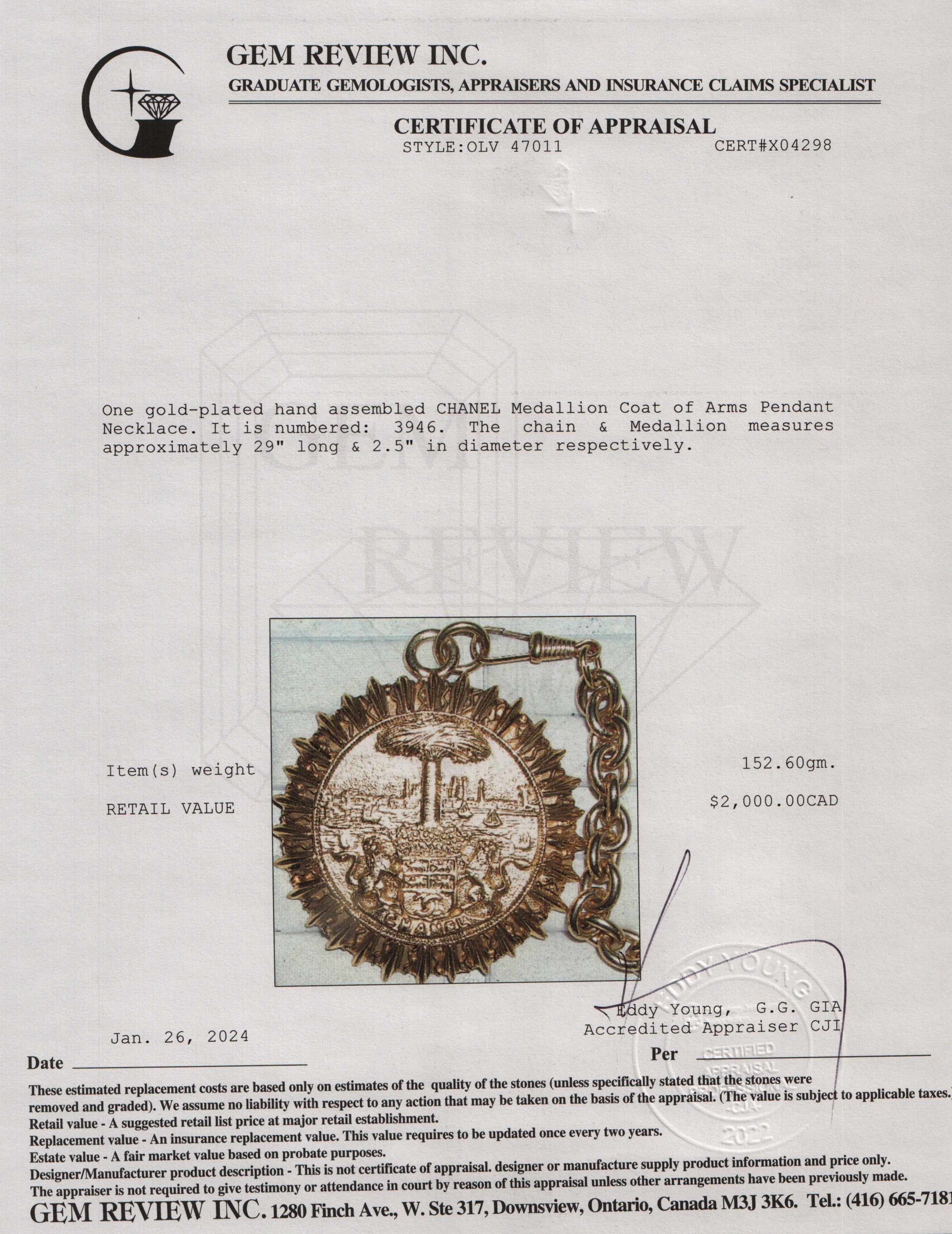 Chanel Vintage Gold-Plated Medallion Coat of Arms Pendant Necklace w/ Box