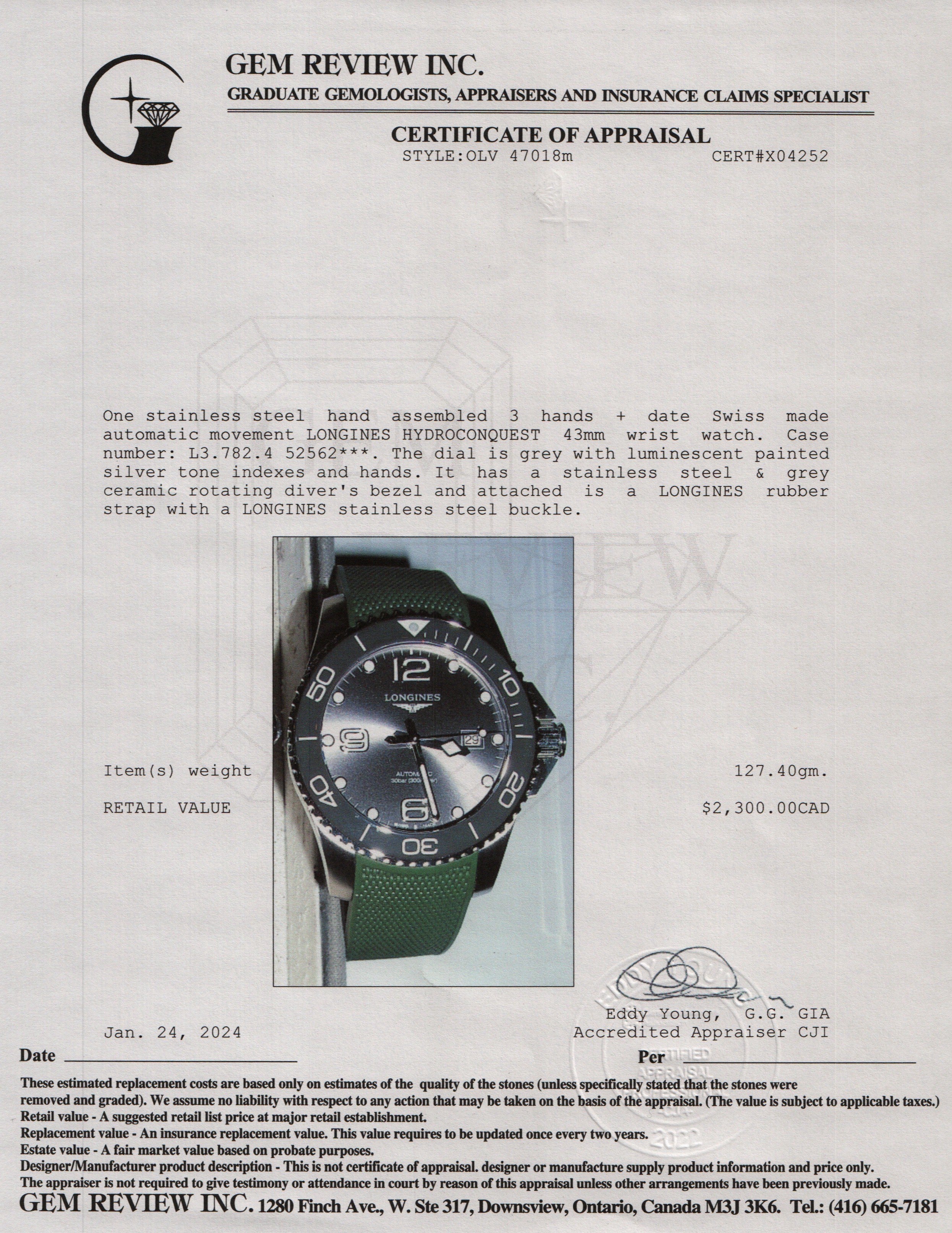 Longines Stainless Steel HydroConquest 43 MM Automatic Watch w/ Box, Papers, Extra Strap