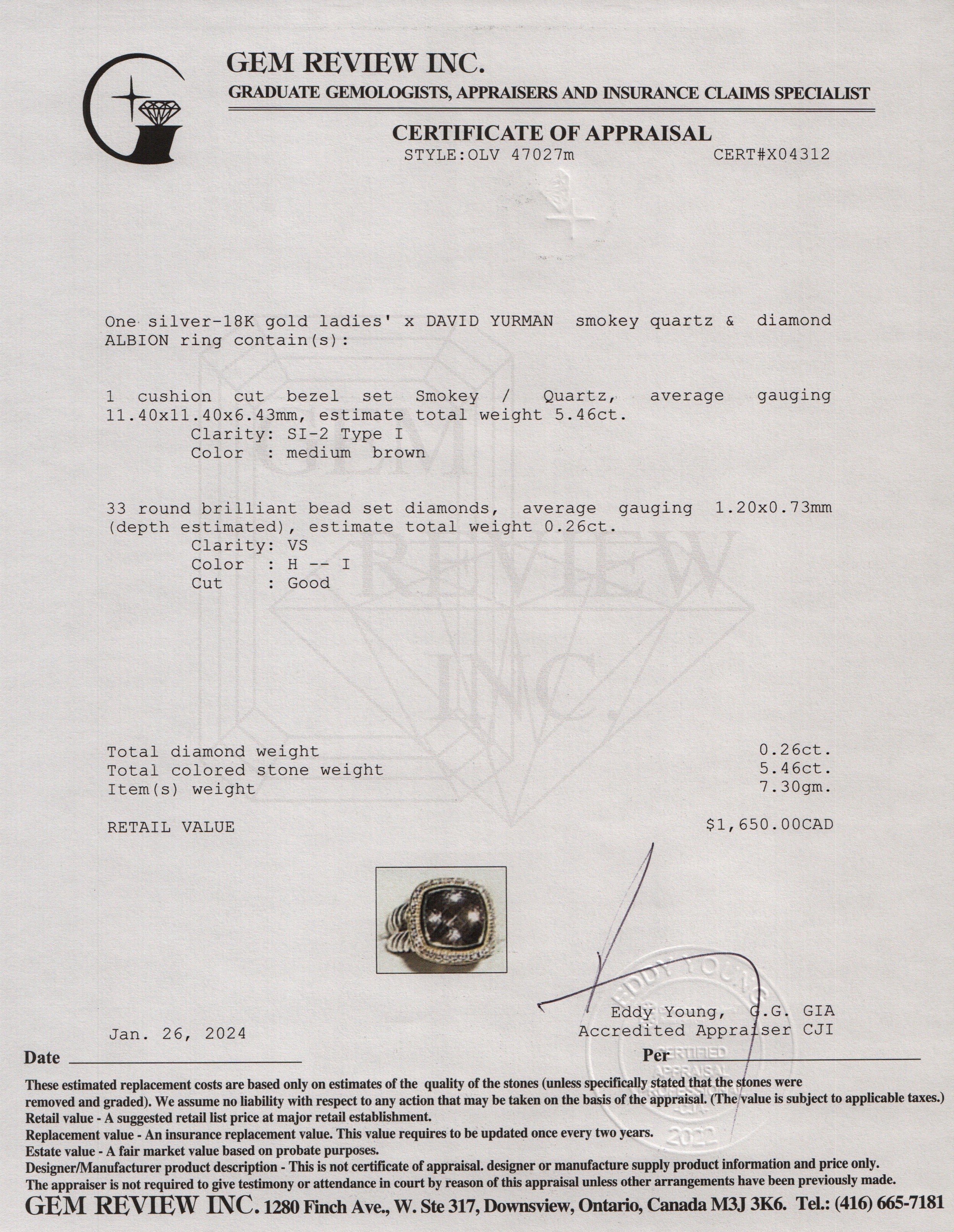 David Yurman Sterling Silver & 18k Yellow Gold Smoky Quartz & Diamond Albion Ring, Size 5