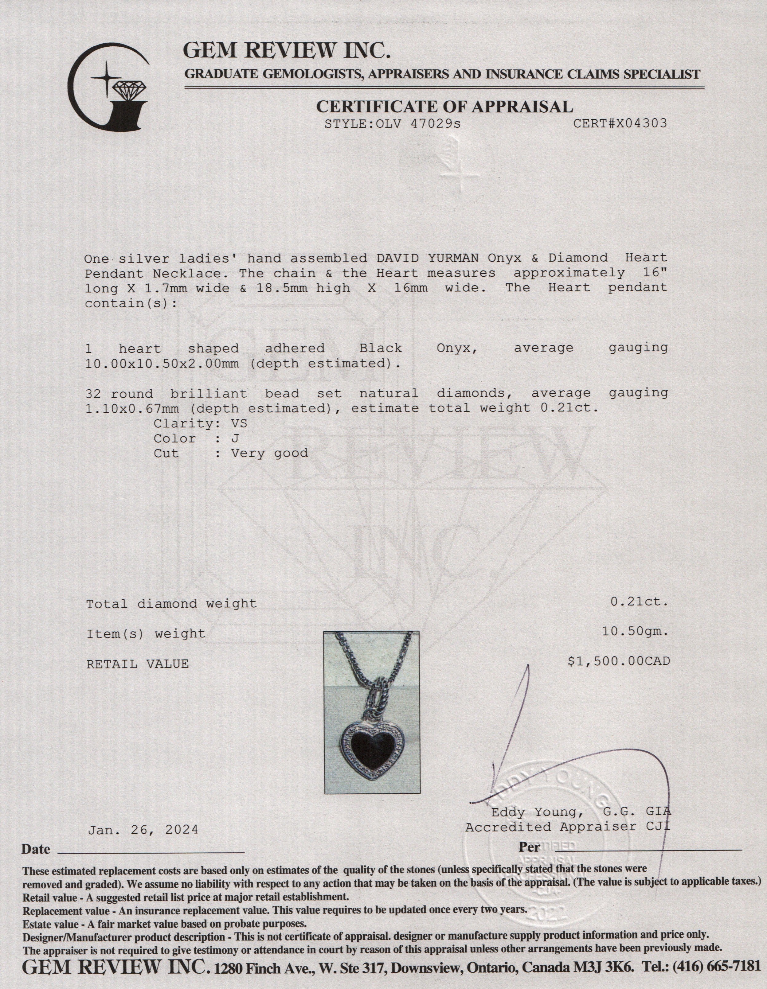 David Yurman Sterling Silver Onyx & Diamond Heart Pendant Necklace