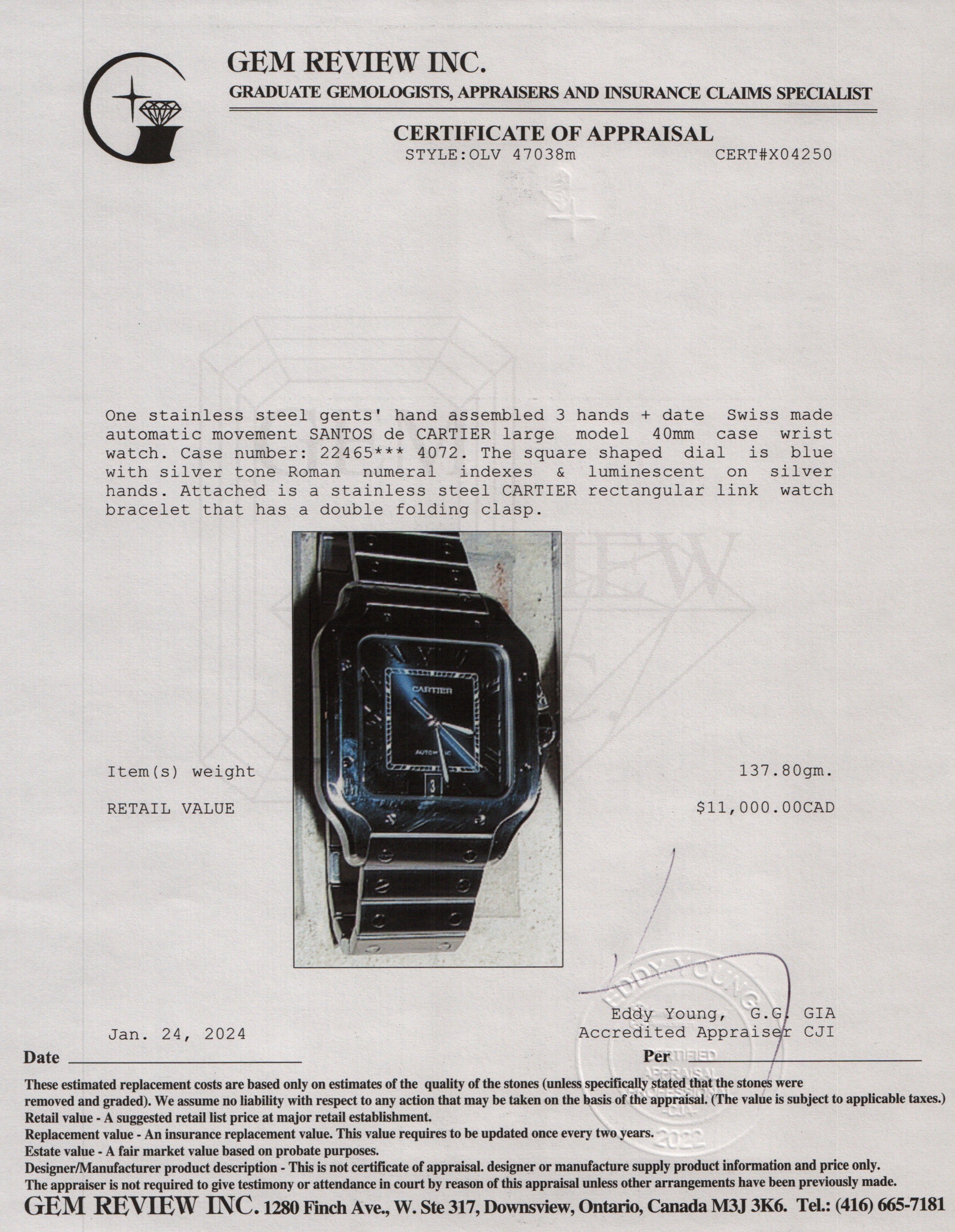 Cartier Stainless Steel Santos de Cartier Blue Dial Automatic Watch, Large Model w/ Box, Papers, Extra Strap