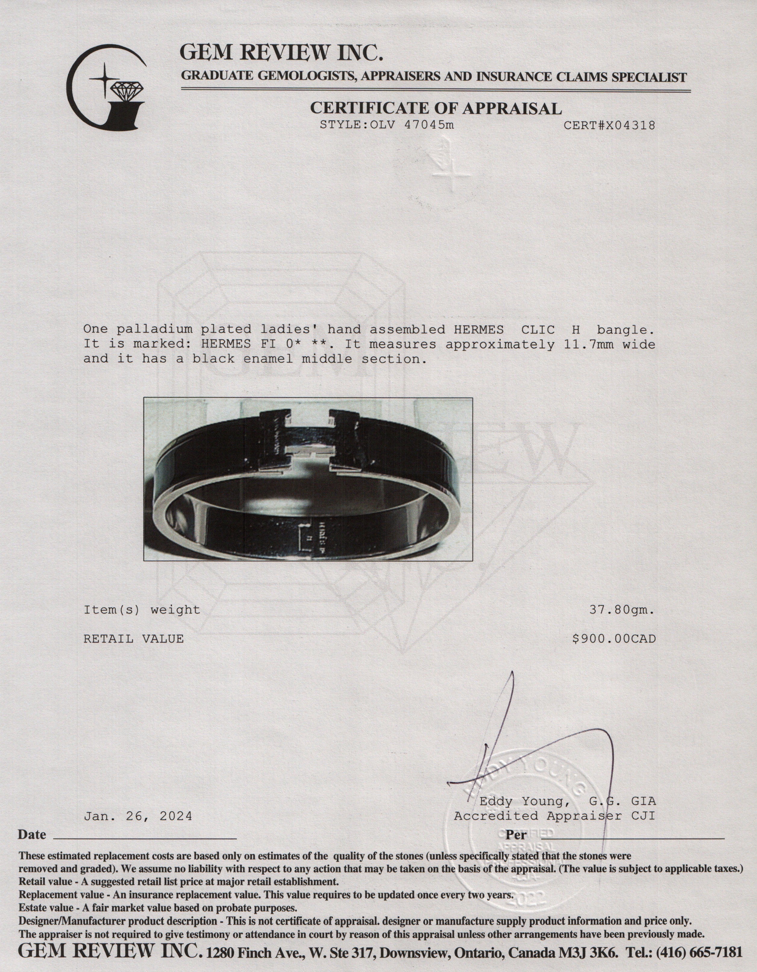 Hermes Palladium Plated Black Enamel 12 MM Clic H Bracelet w/ Box