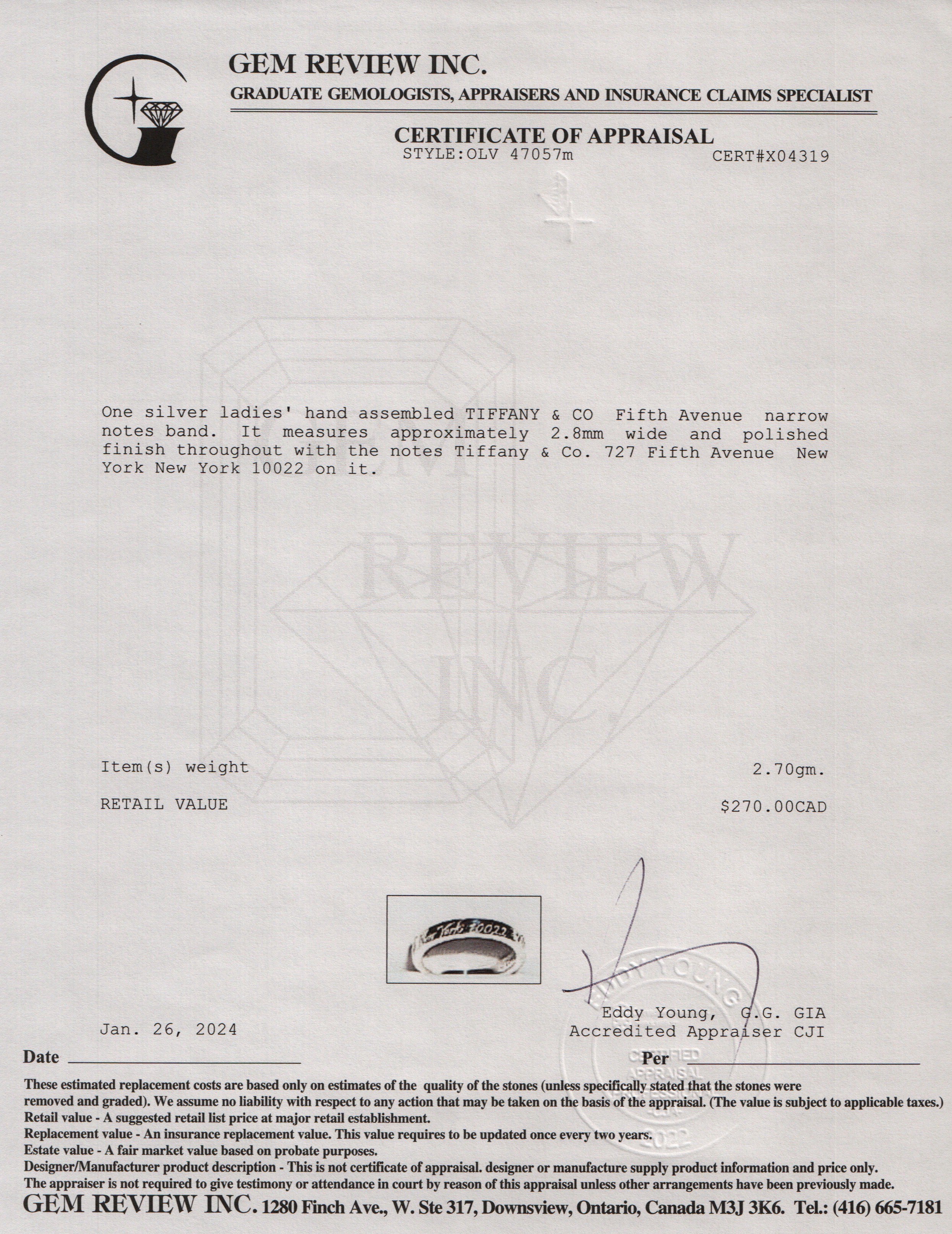 Tiffany & Co. Sterling Silver Fifth Ave Narrow Notes Band Ring, Size 6.5