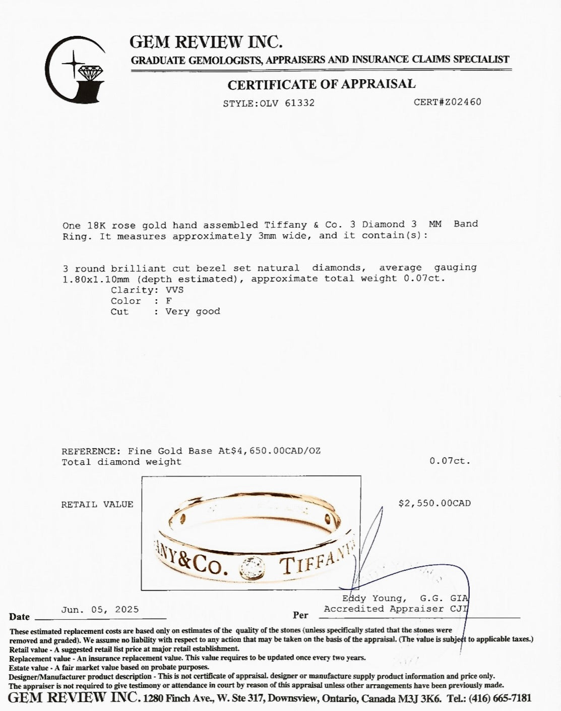 Tiffany & Co. 18k Rose Gold 3 Diamond 3 MM Band Ring, Size 3.75