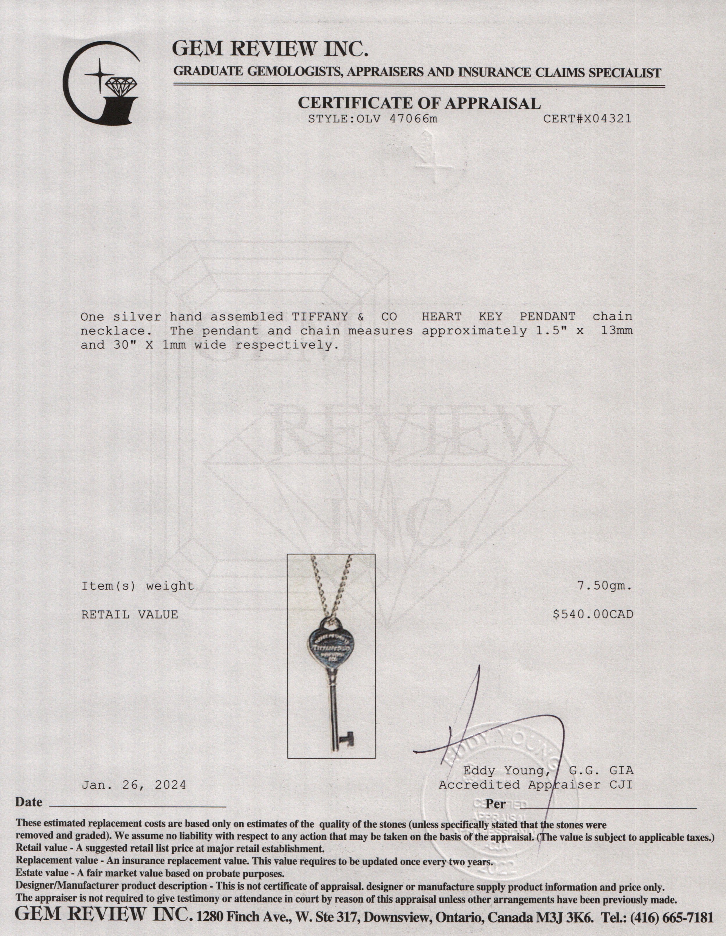 Tiffany & Co. Sterling Silver Return to Tiffany Heart Key Pendant Necklace