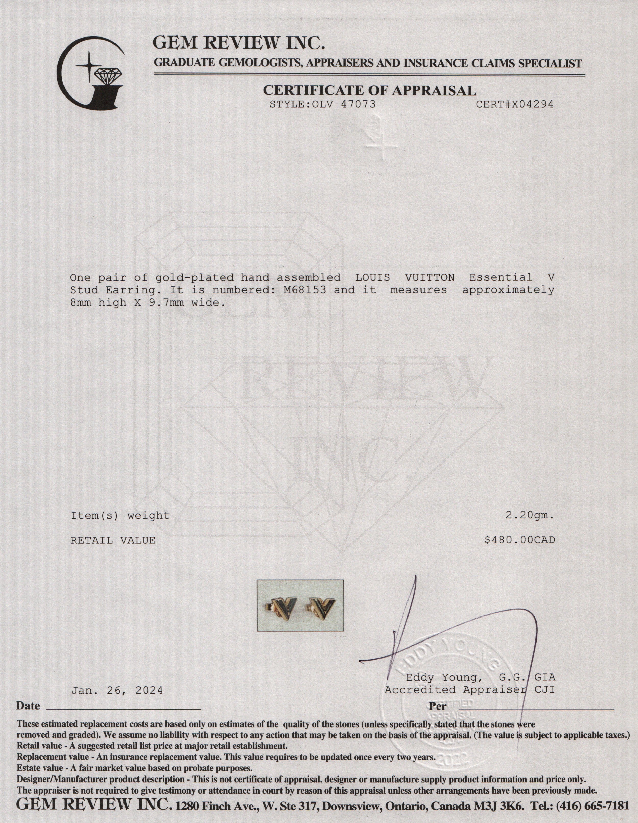 Louis Vuitton Gold-Plated Essential V Stud Earrings